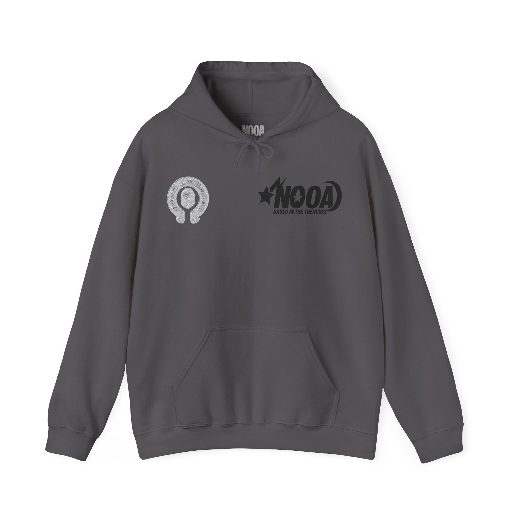 NOOA Studio Graphic Hoodie — 'Based in the Trenches' White Pullover