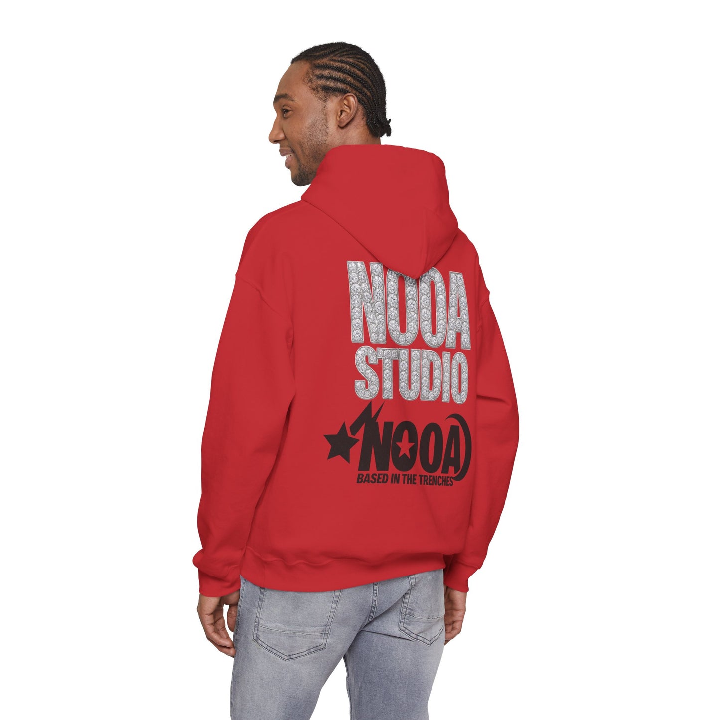 NOOA Studio Graphic Hoodie — 'Based in the Trenches' White Pullover