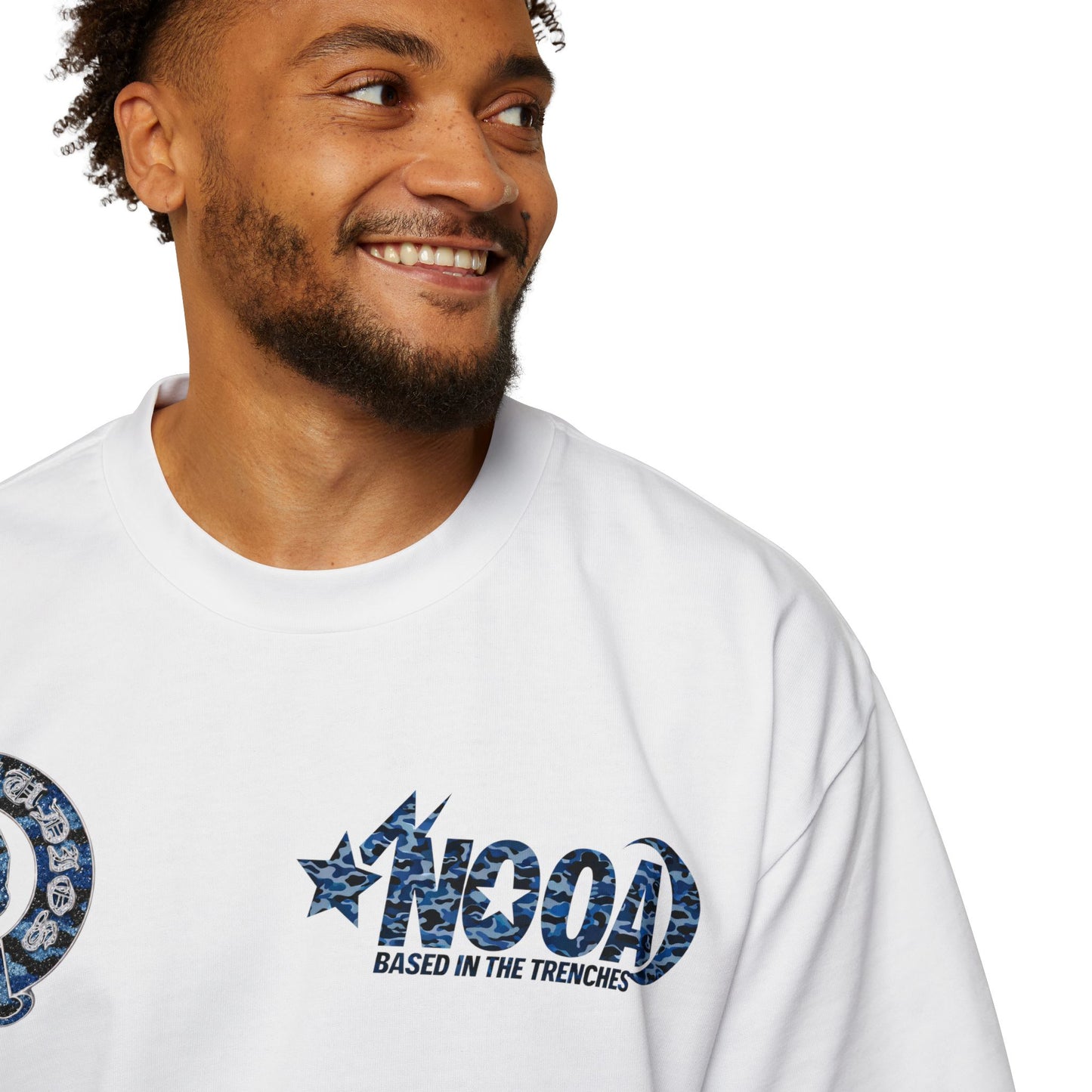 Graphic Tee — 'NOOA Based in the Trenches' Oversized Military Camo Logo Shirt