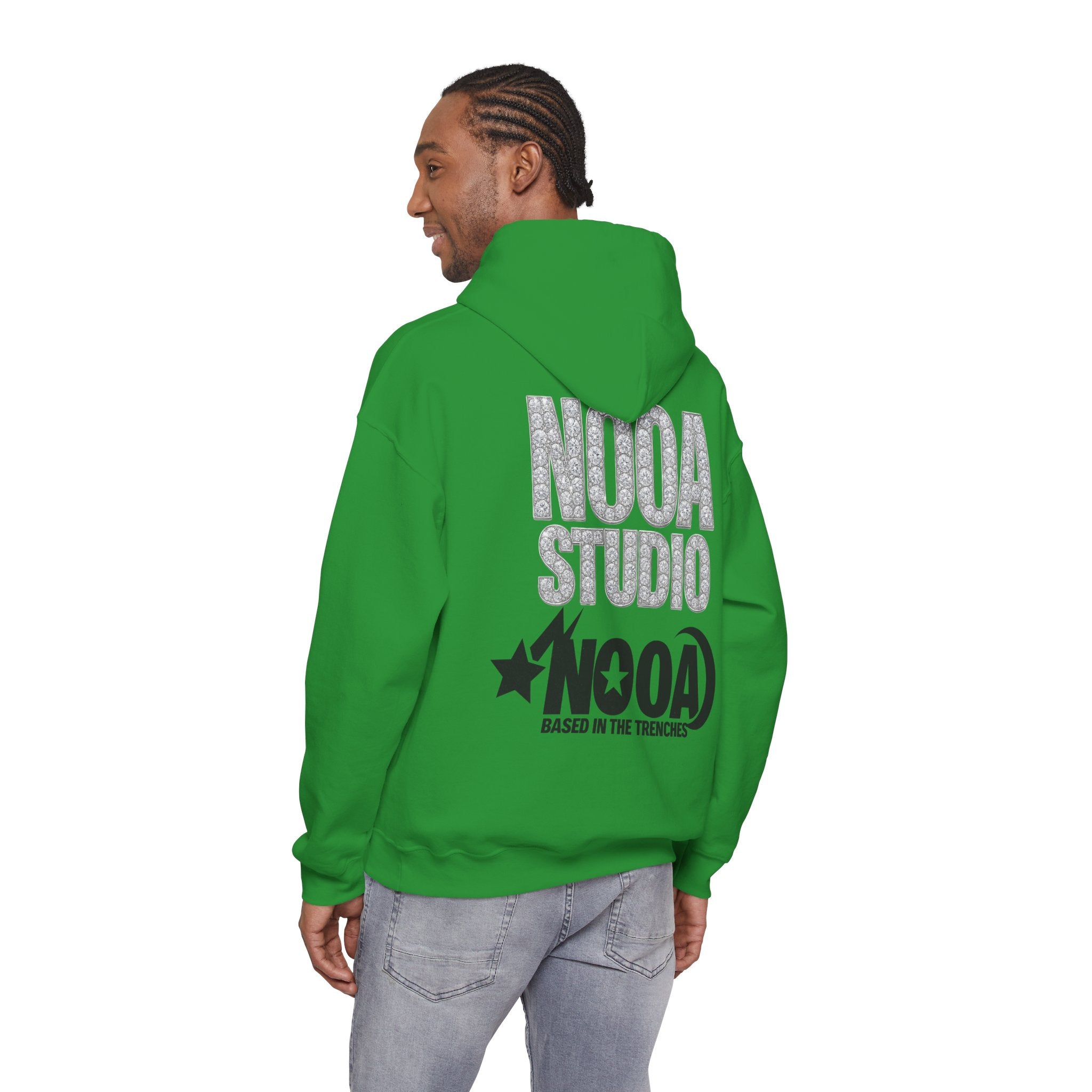 NOOA Studio Graphic Hoodie — 'Based in the Trenches' White Pullover