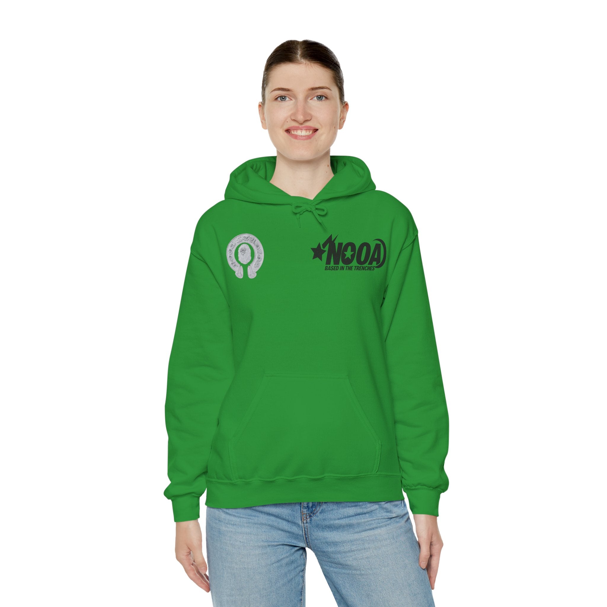 NOOA Studio Graphic Hoodie — 'Based in the Trenches' White Pullover