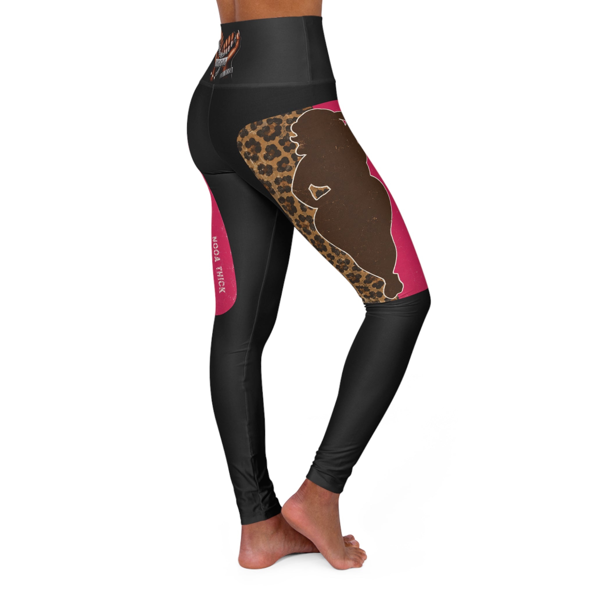 High-Waisted Yoga Leggings — Leopard & Pink Panel AOP with 'High Vibes' Accent