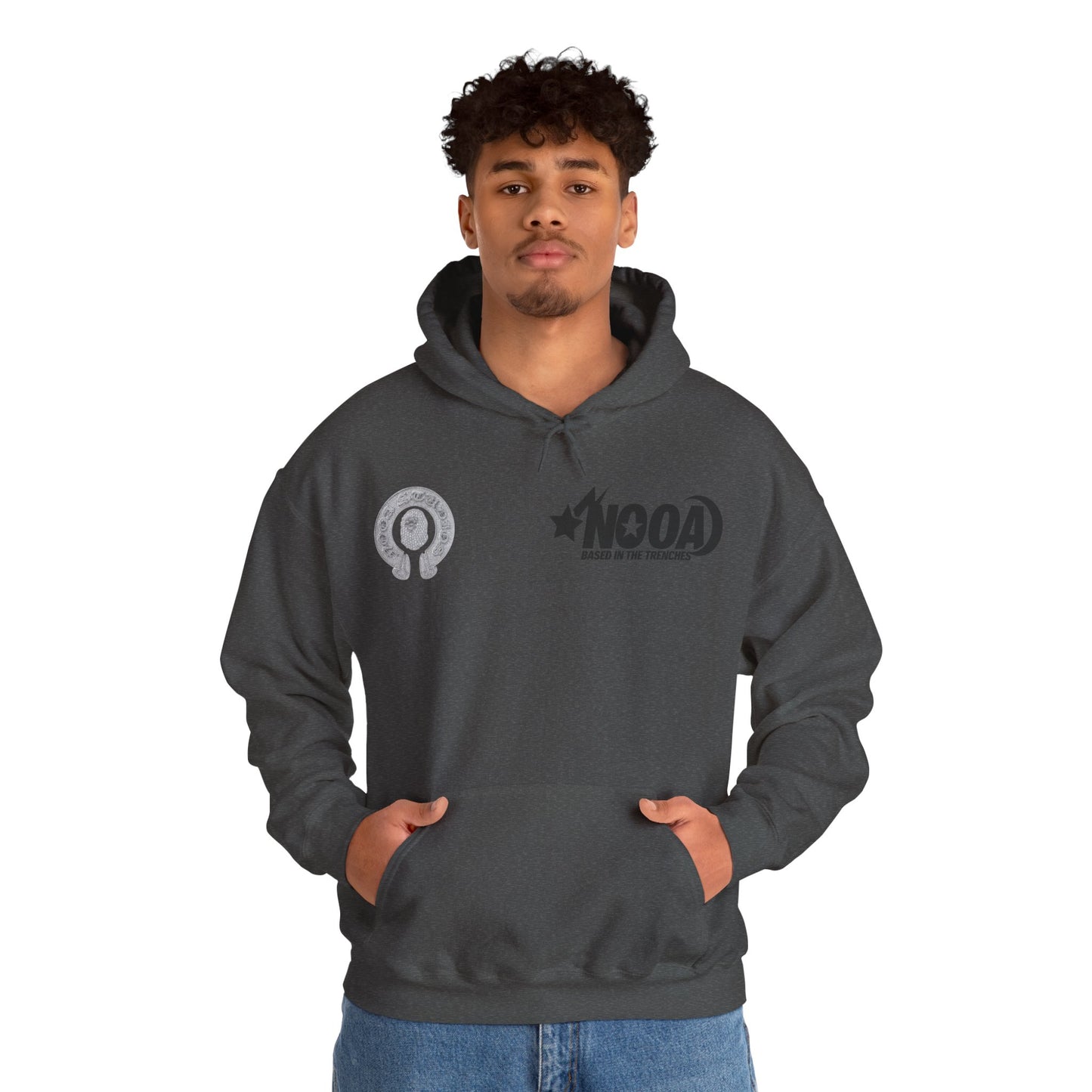 NOOA Studio Graphic Hoodie — 'Based in the Trenches' White Pullover
