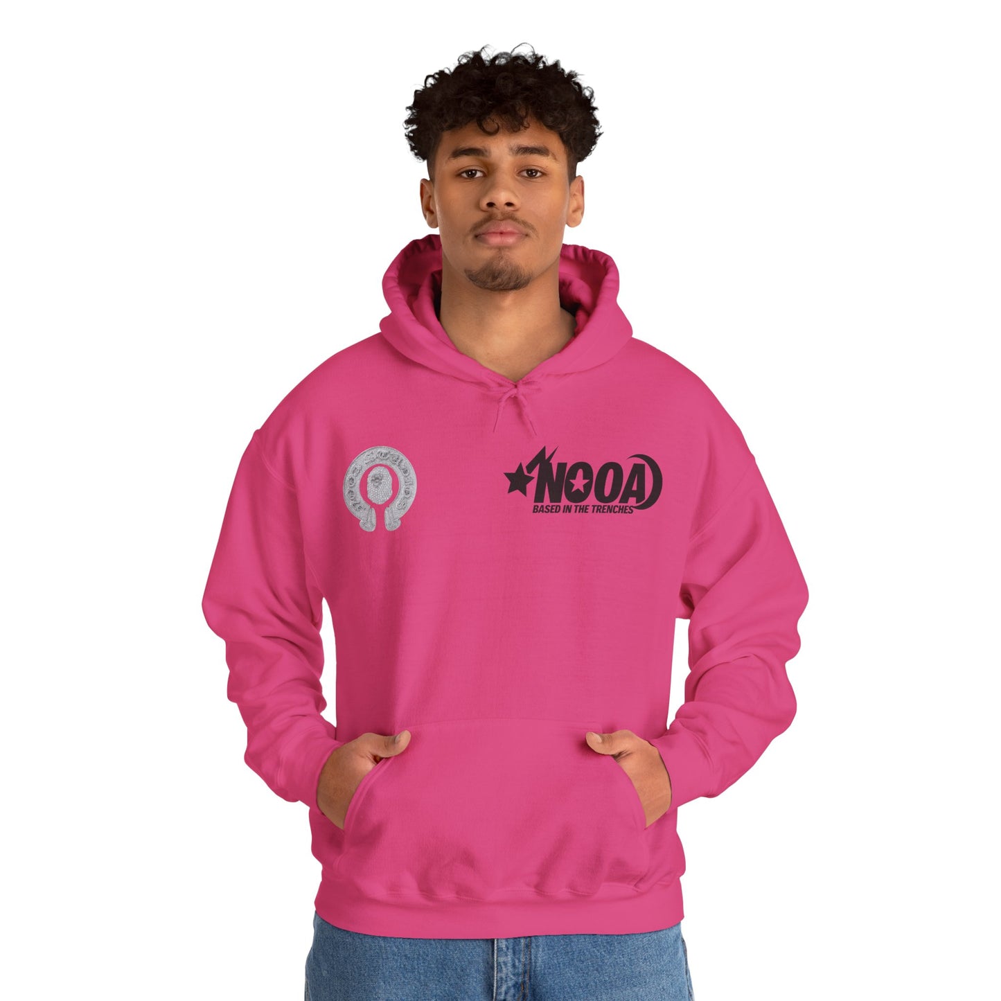NOOA Studio Graphic Hoodie — 'Based in the Trenches' White Pullover