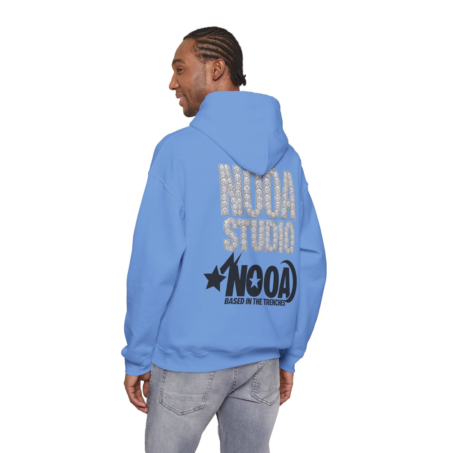 NOOA Studio Graphic Hoodie — 'Based in the Trenches' White Pullover
