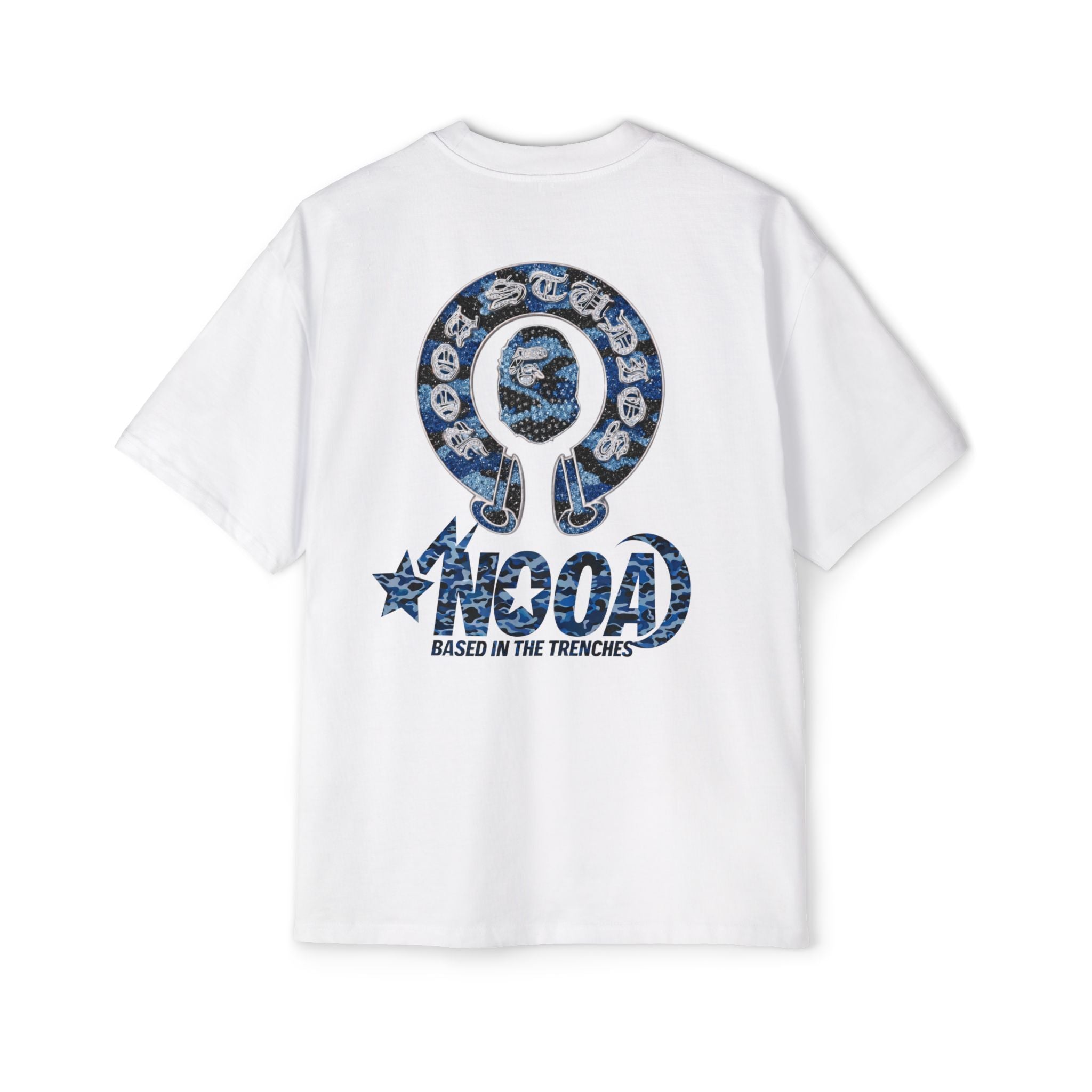 Graphic Tee — 'NOOA Based in the Trenches' Oversized Military Camo Logo Shirt