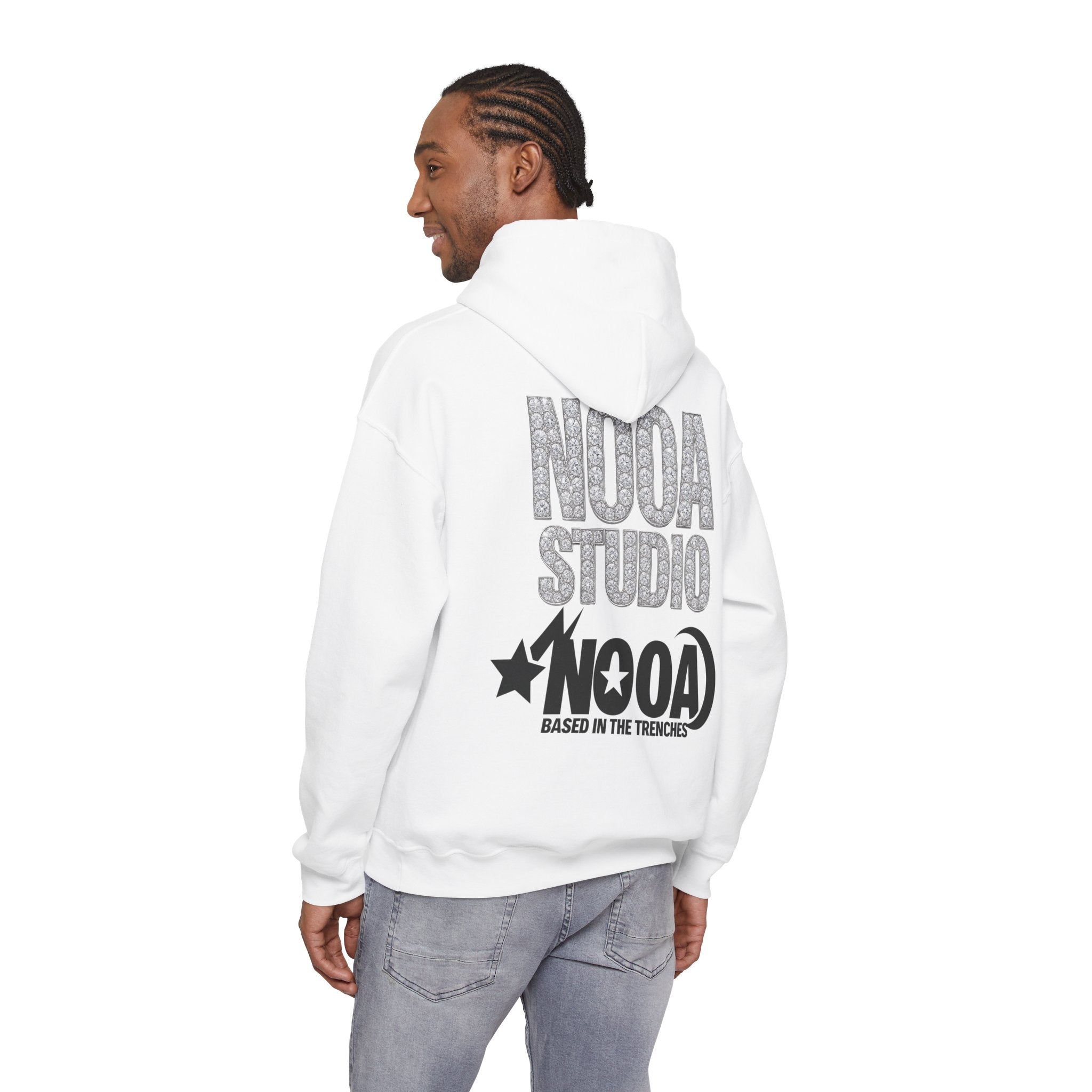 NOOA Studio Graphic Hoodie — 'Based in the Trenches' White Pullover