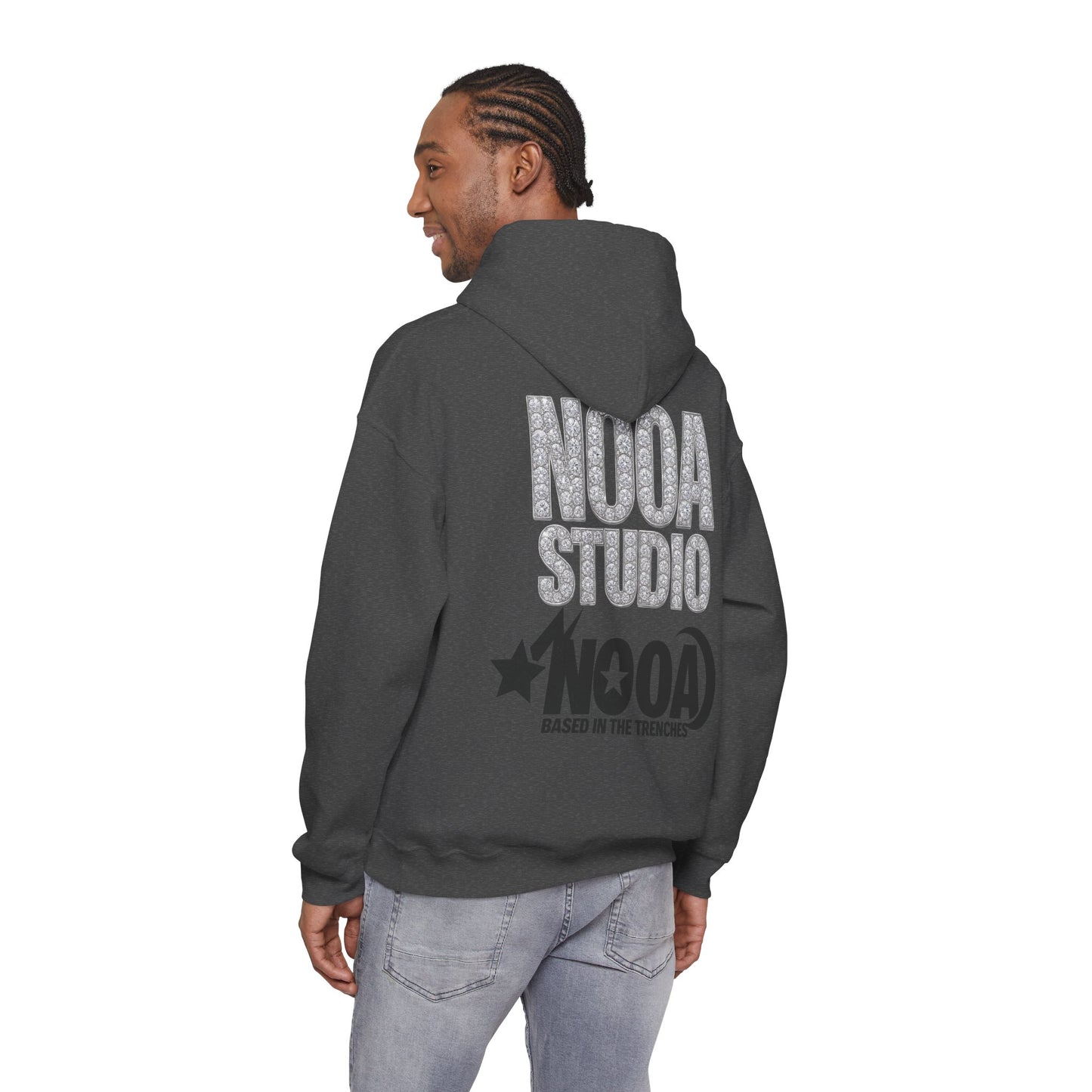 NOOA Studio Graphic Hoodie — 'Based in the Trenches' White Pullover