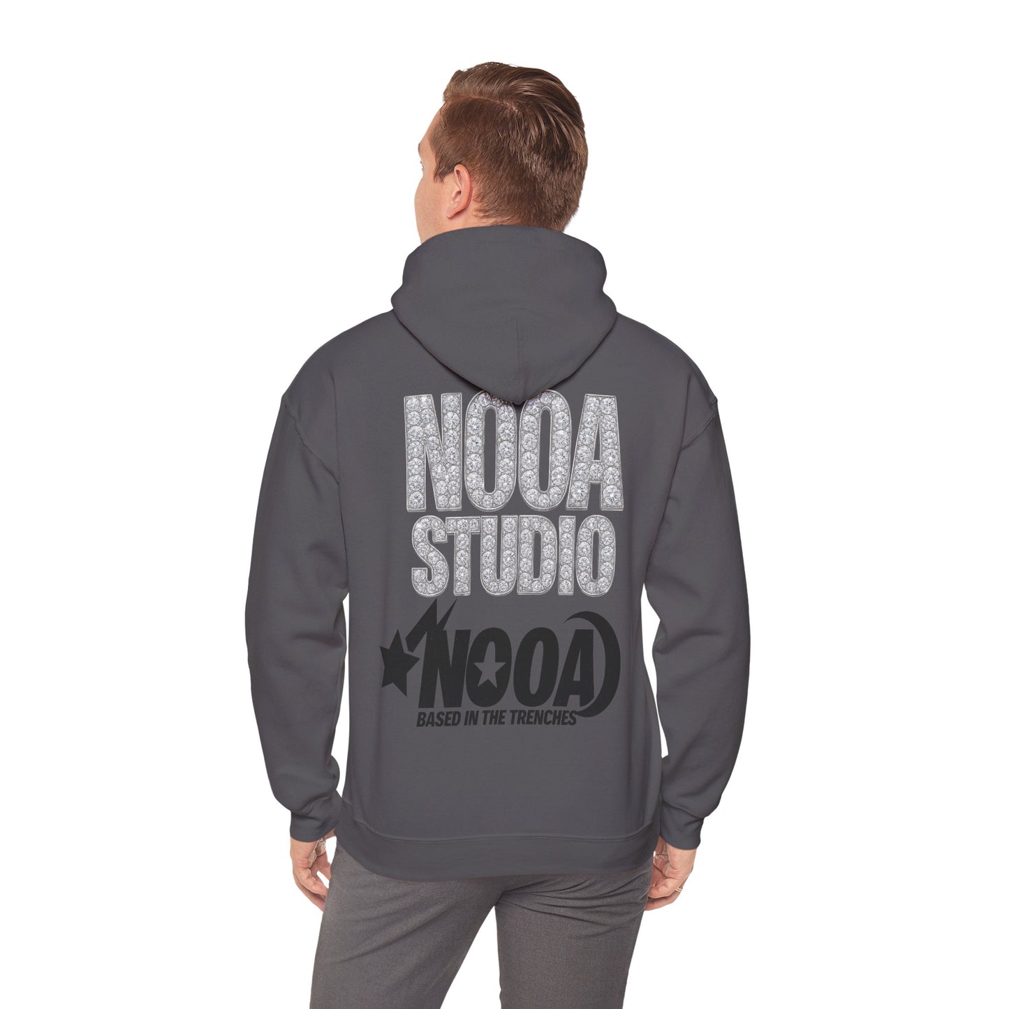 NOOA Studio Graphic Hoodie — 'Based in the Trenches' White Pullover