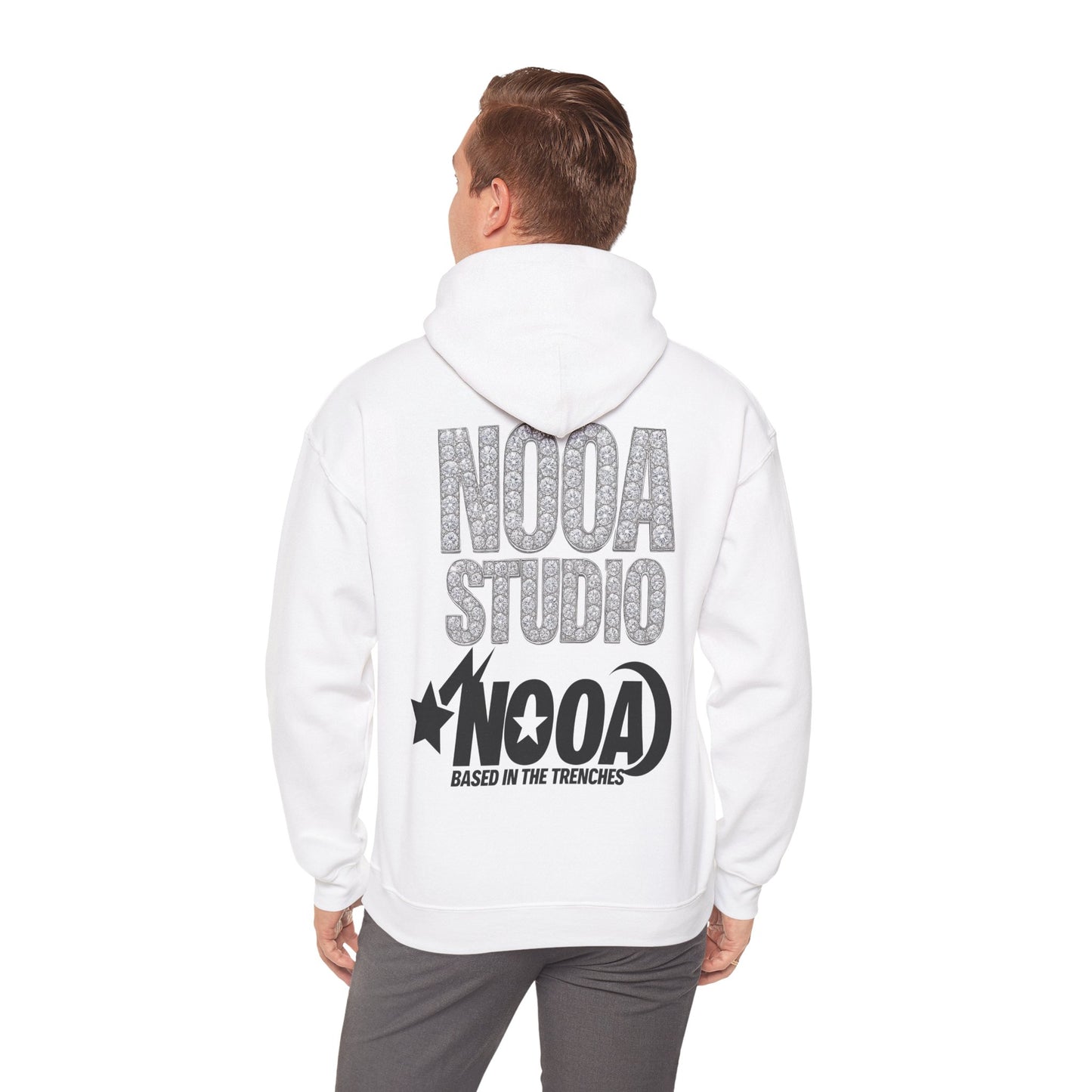 NOOA Studio Graphic Hoodie — 'Based in the Trenches' White Pullover
