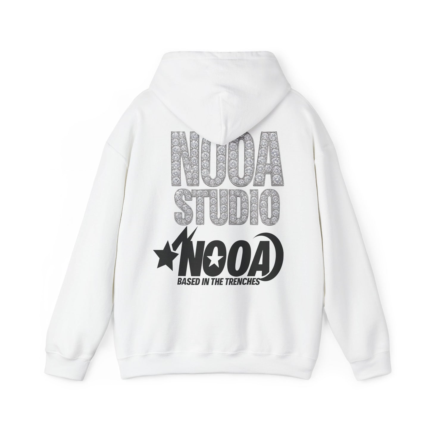 NOOA Studio Graphic Hoodie — 'Based in the Trenches' White Pullover