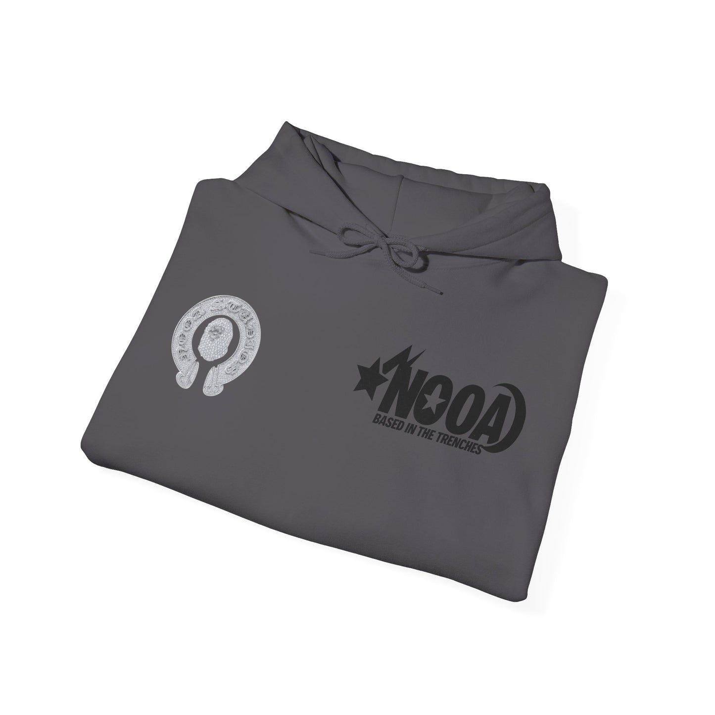 NOOA Studio Graphic Hoodie — 'Based in the Trenches' White Pullover