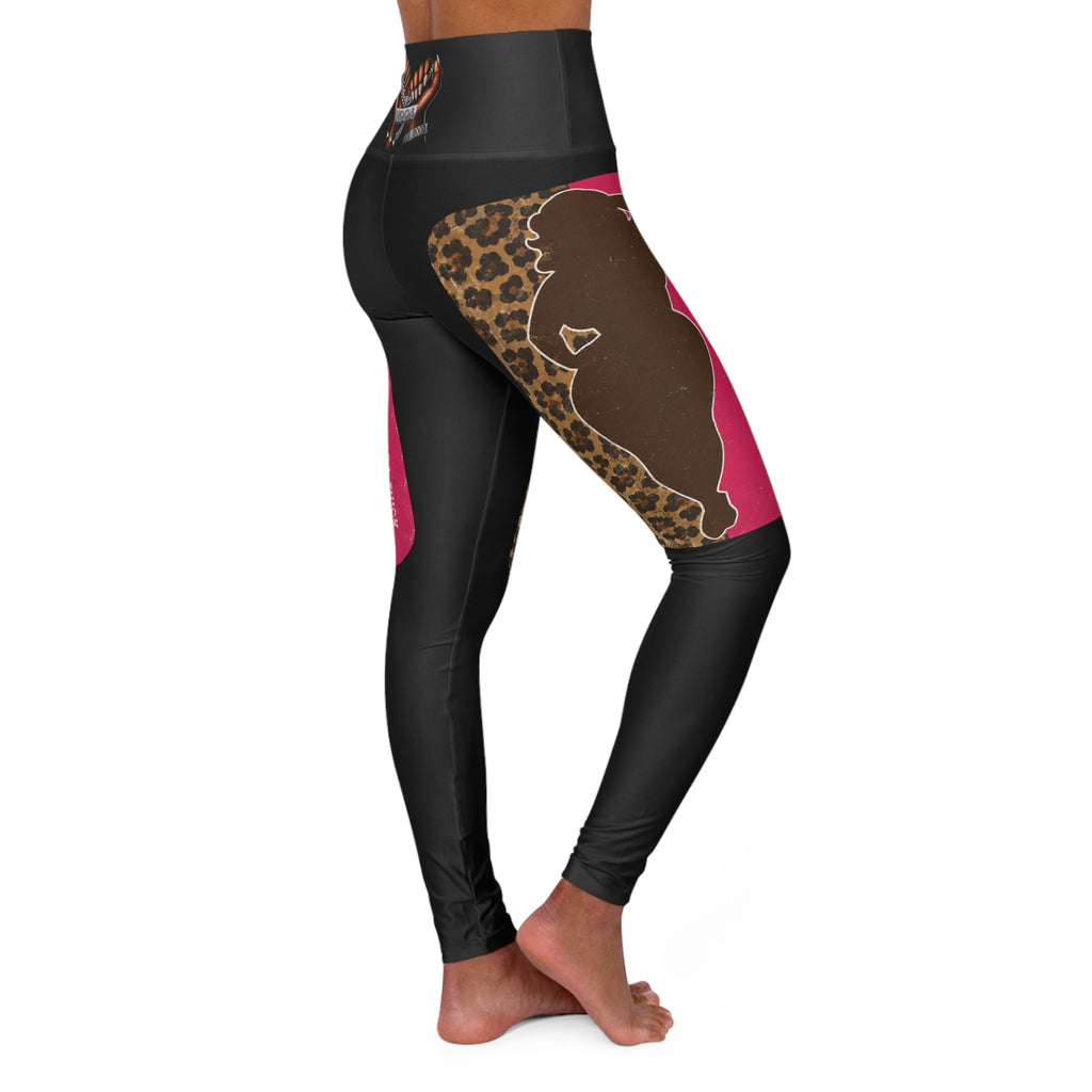 High-Waisted Yoga Leggings — Leopard & Pink Panel AOP with 'High Vibes' Accent