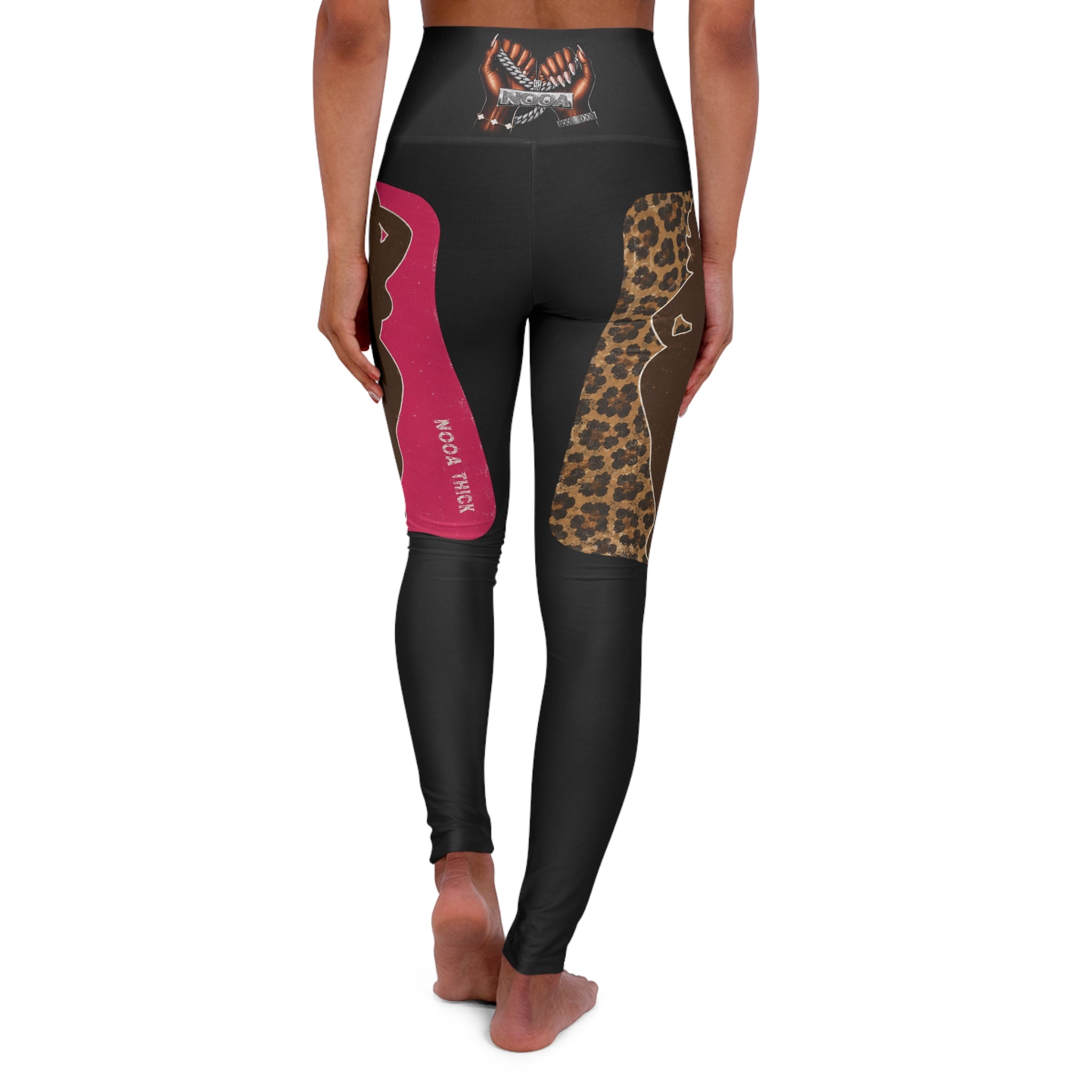 High-Waisted Yoga Leggings — Leopard & Pink Panel AOP with 'High Vibes' Accent
