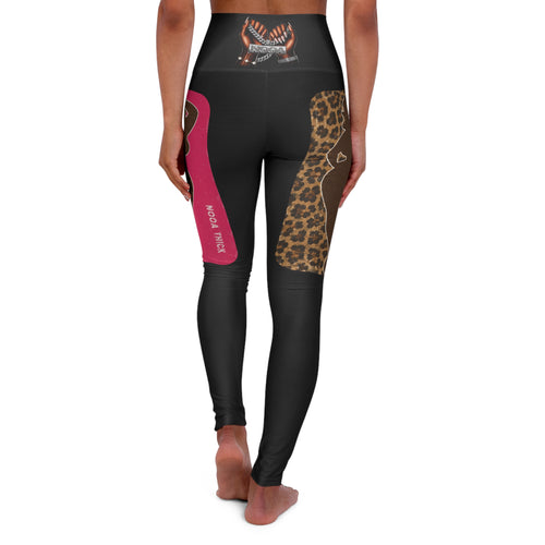 High-Waisted Yoga Leggings — Leopard & Pink Panel AOP with 'High Vibes' Accent