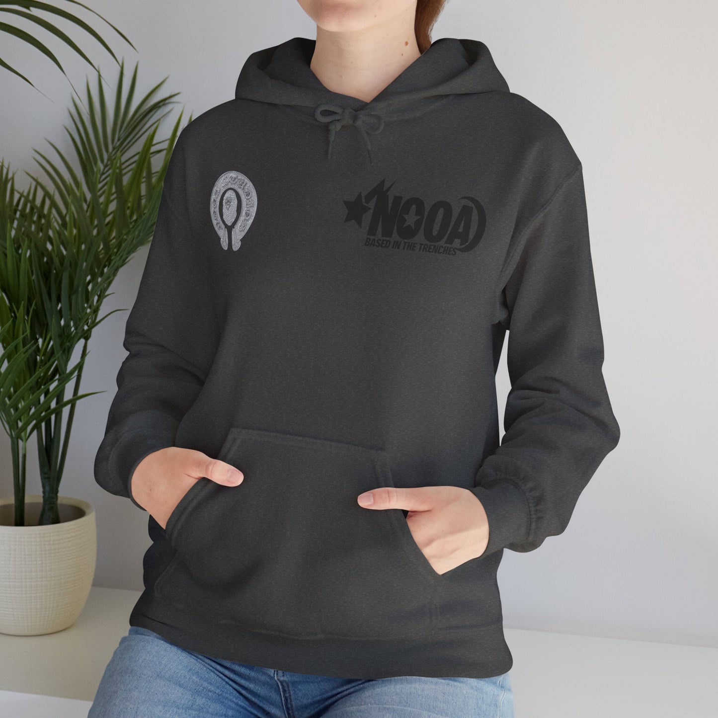 NOOA Studio Graphic Hoodie — 'Based in the Trenches' White Pullover