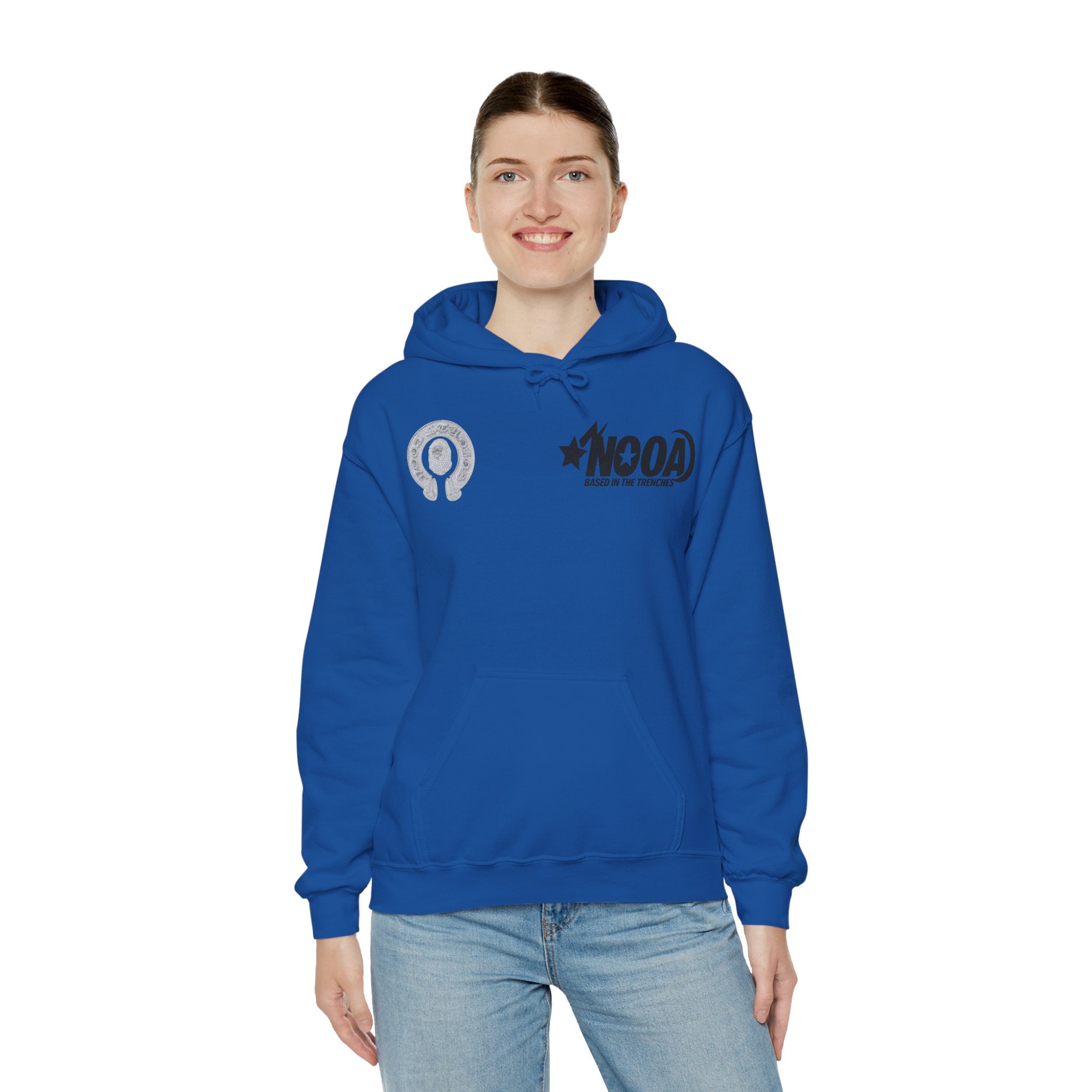 NOOA Studio Graphic Hoodie — 'Based in the Trenches' White Pullover