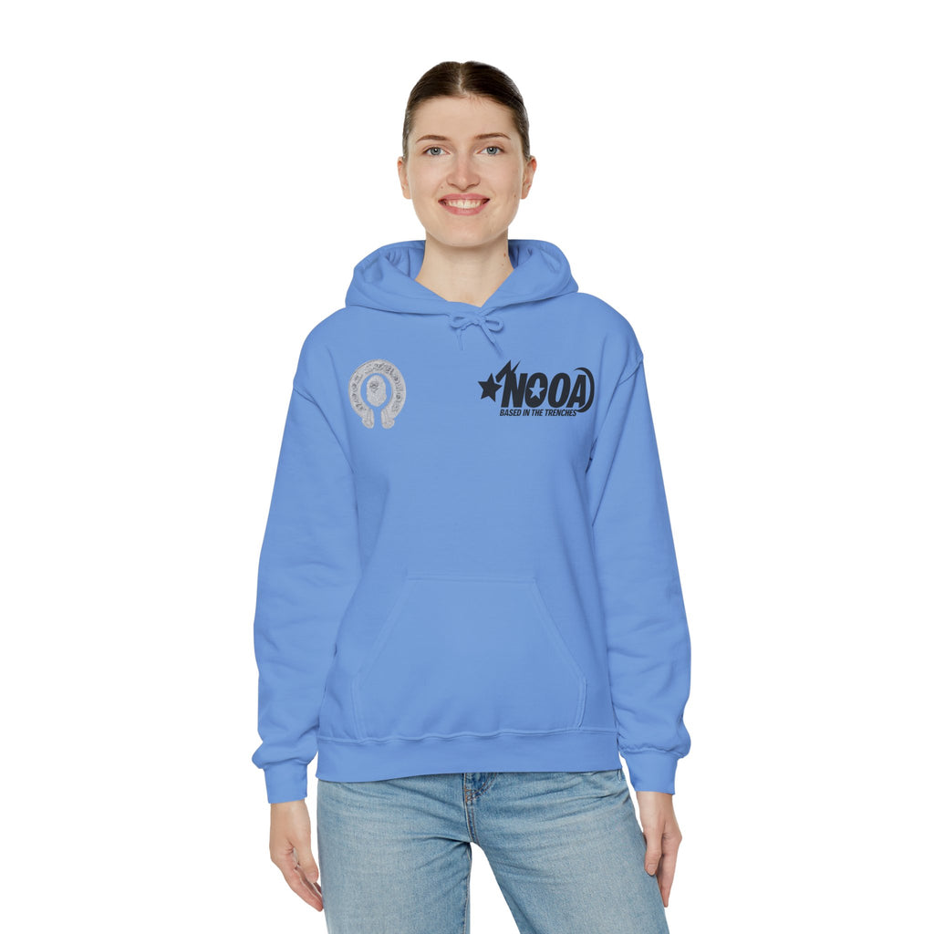 NOOA Studio Graphic Hoodie — 'Based in the Trenches' White Pullover