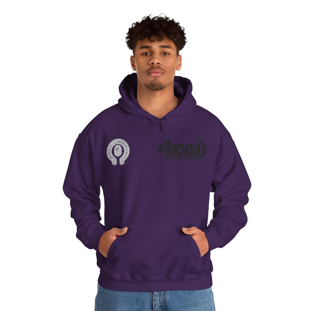 NOOA Studio Graphic Hoodie — 'Based in the Trenches' White Pullover