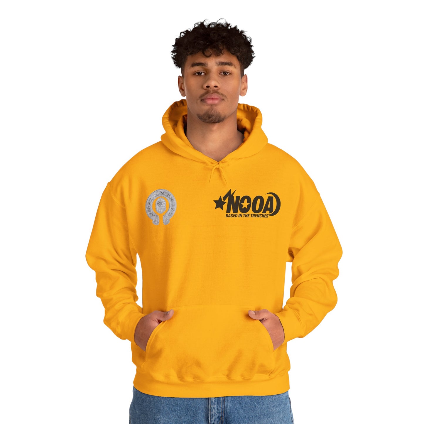 NOOA Studio Graphic Hoodie — 'Based in the Trenches' White Pullover