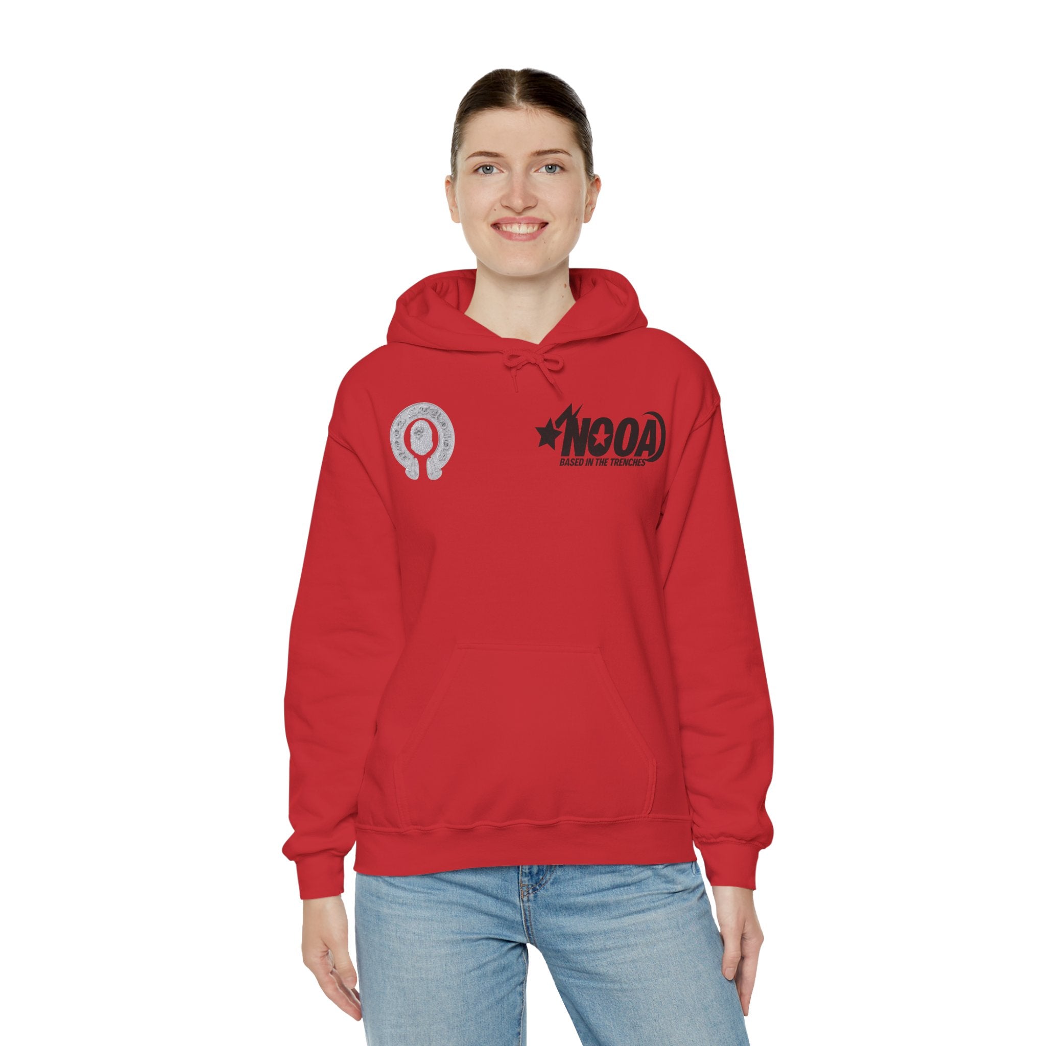 NOOA Studio Graphic Hoodie — 'Based in the Trenches' White Pullover