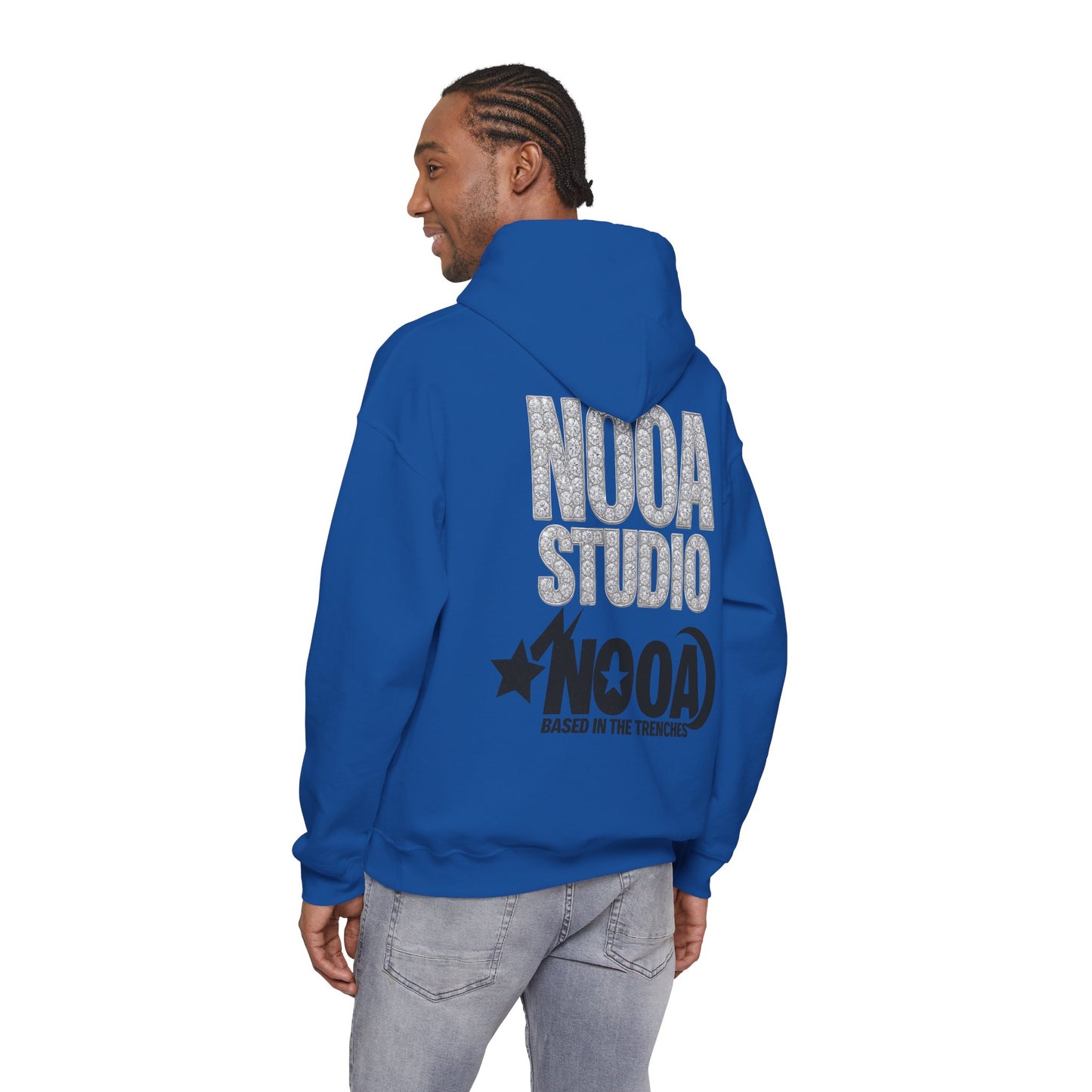 NOOA Studio Graphic Hoodie — 'Based in the Trenches' White Pullover