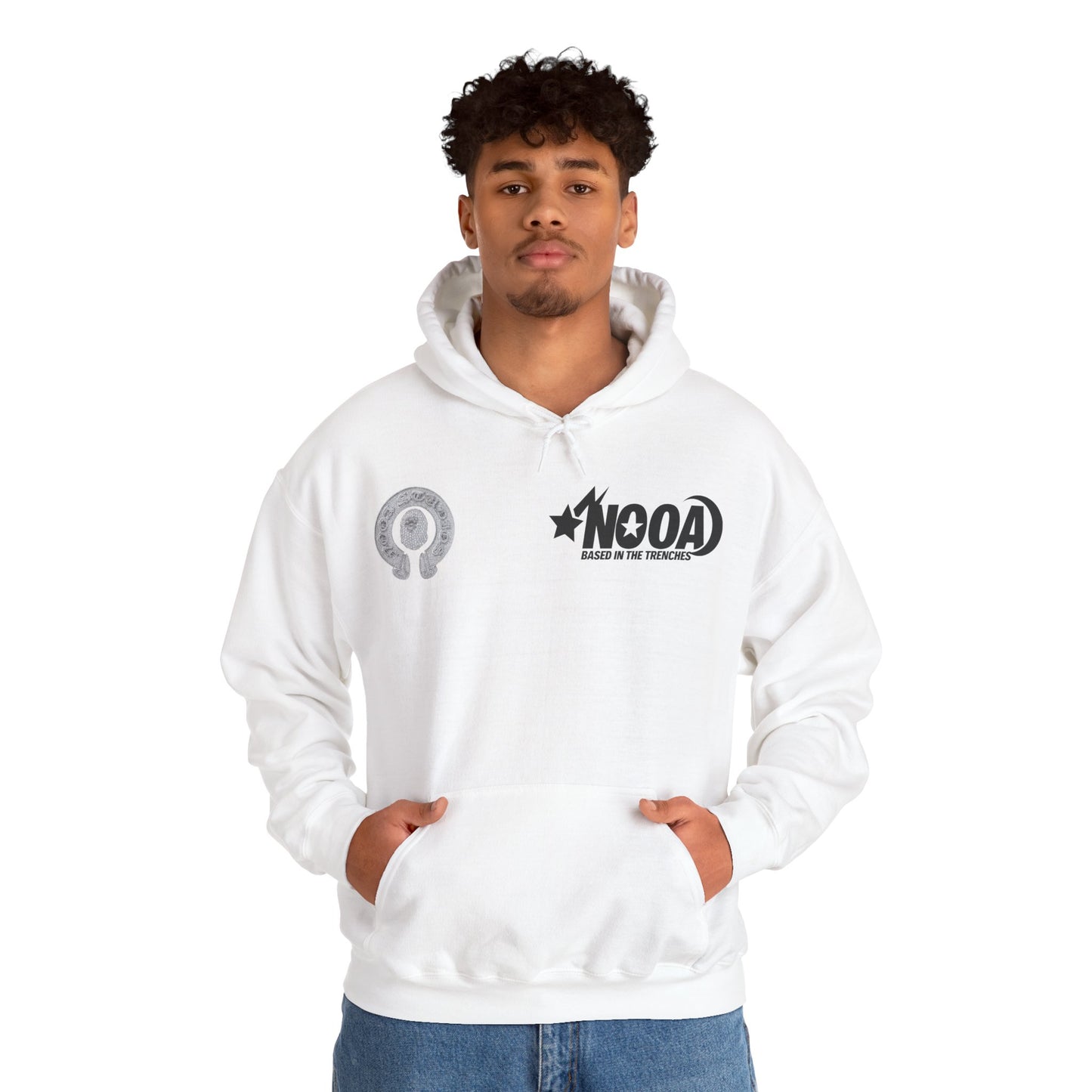 NOOA Studio Graphic Hoodie — 'Based in the Trenches' White Pullover