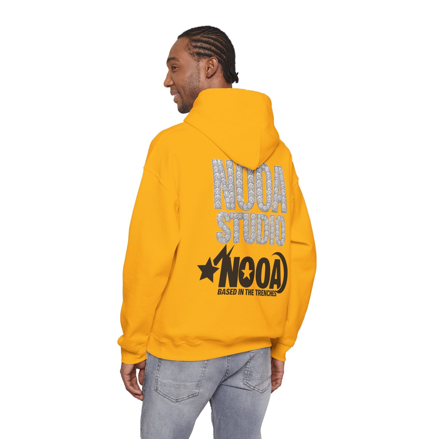 NOOA Studio Graphic Hoodie — 'Based in the Trenches' White Pullover