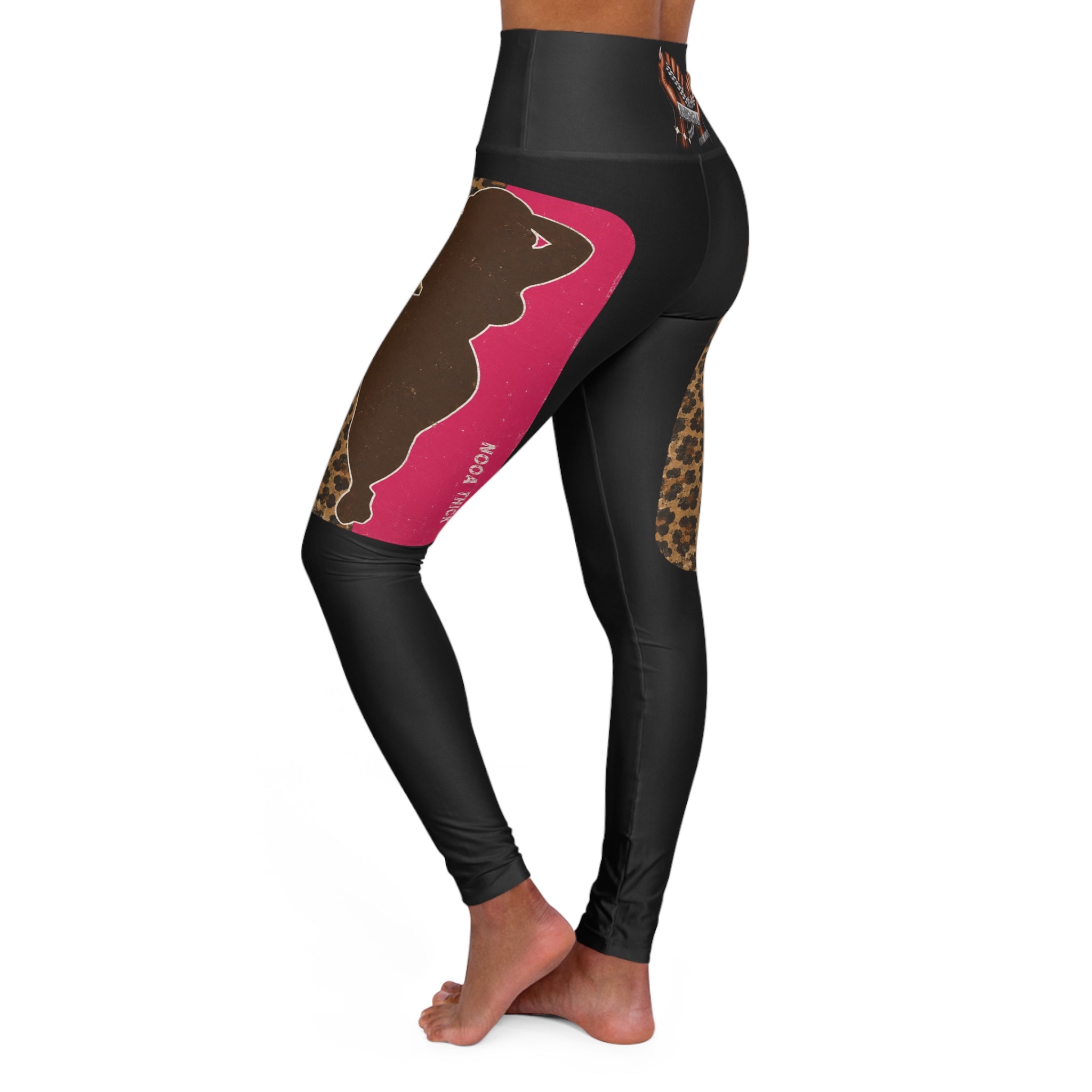 High-Waisted Yoga Leggings — Leopard & Pink Panel AOP with 'High Vibes' Accent
