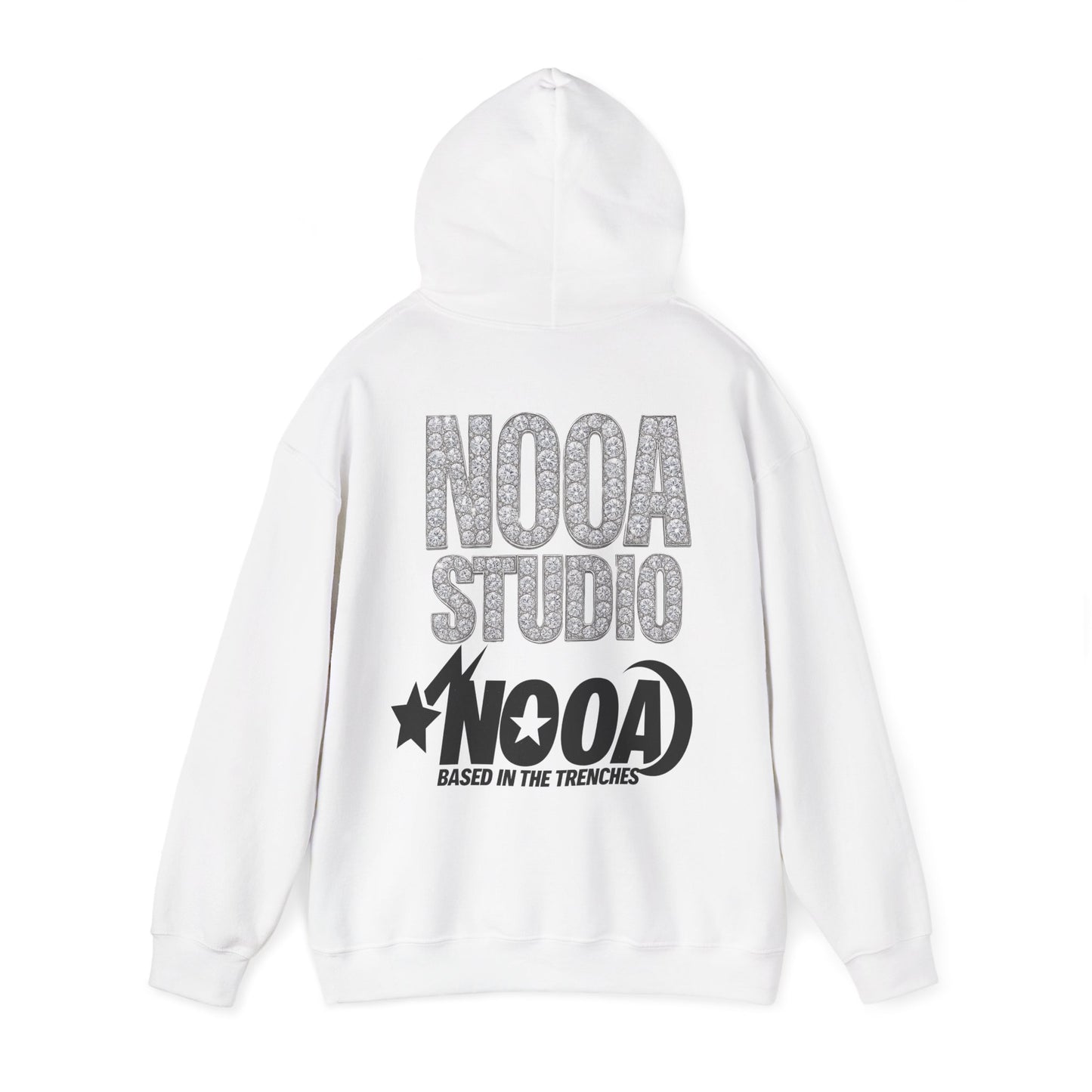 NOOA Studio Graphic Hoodie — 'Based in the Trenches' White Pullover