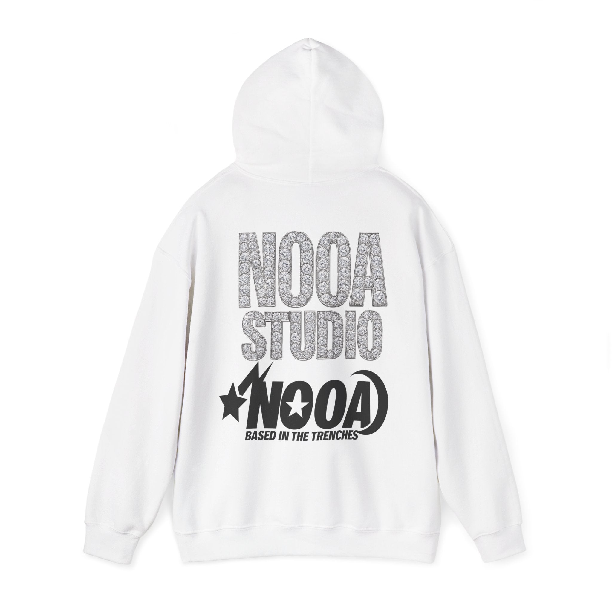 NOOA Studio Graphic Hoodie — 'Based in the Trenches' White Pullover