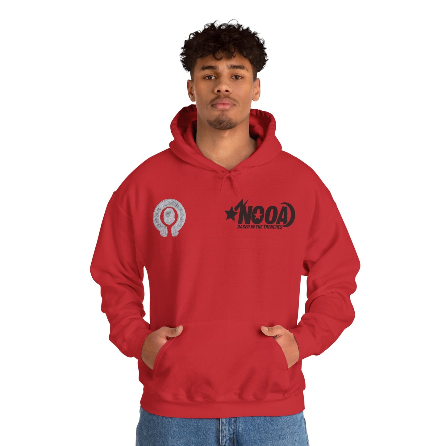 NOOA Studio Graphic Hoodie — 'Based in the Trenches' White Pullover