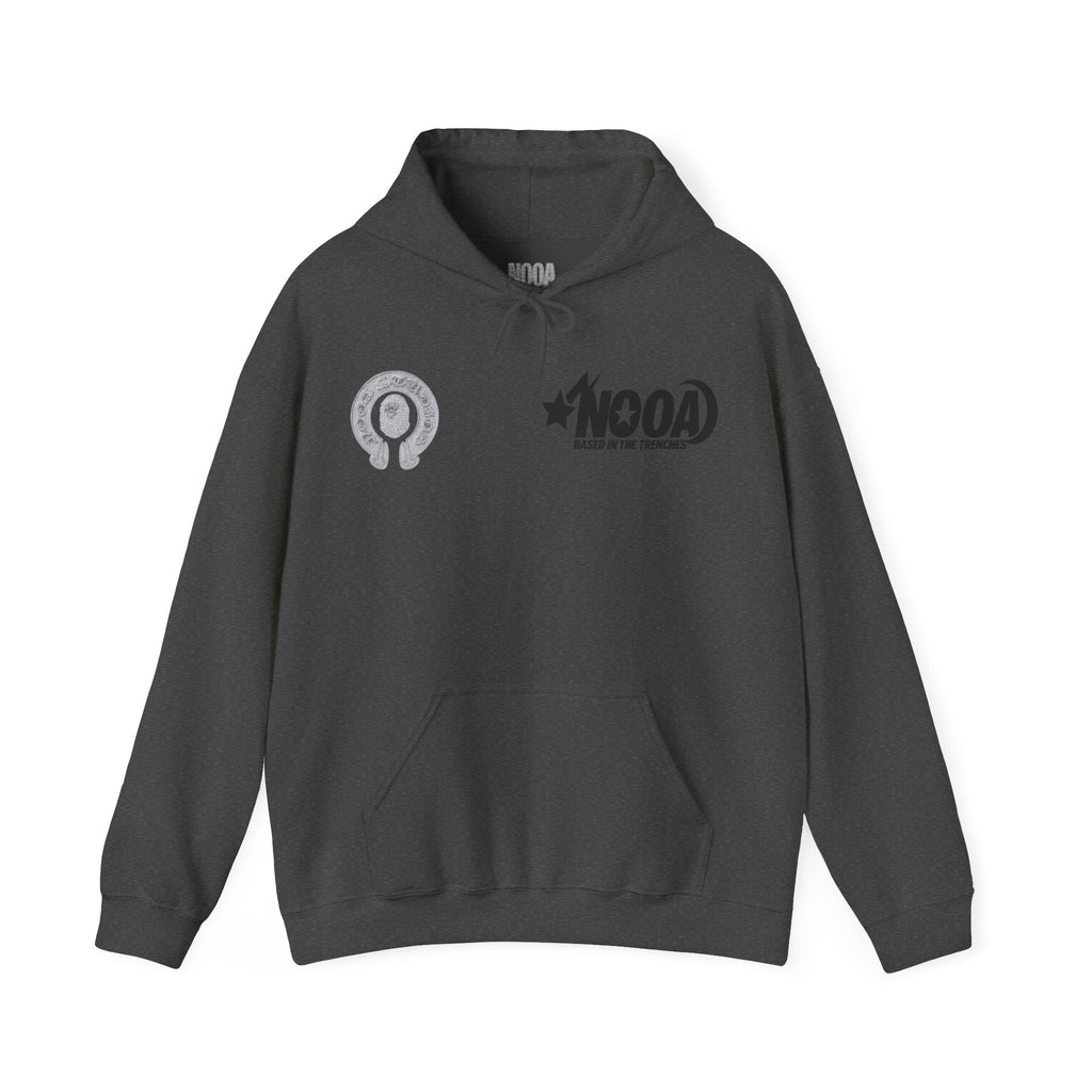 NOOA Studio Graphic Hoodie — 'Based in the Trenches' White Pullover