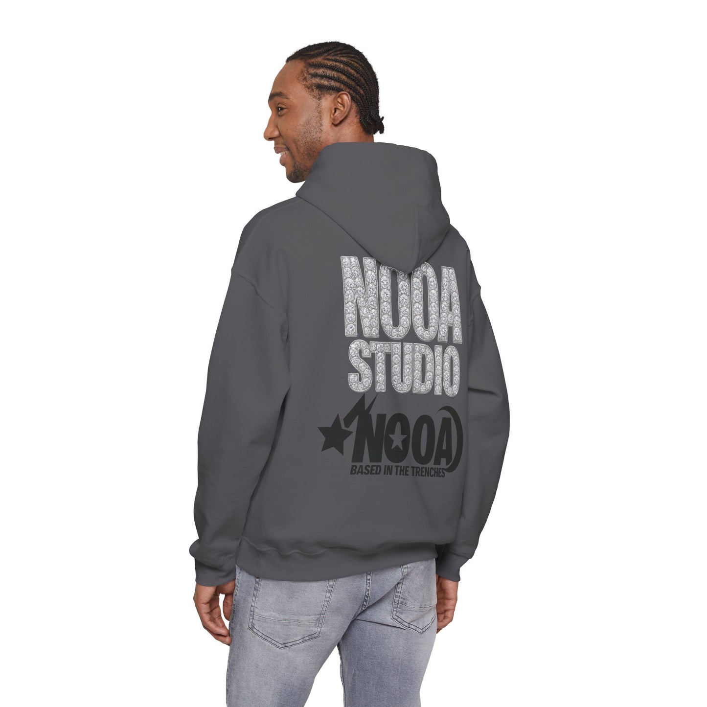 NOOA Studio Graphic Hoodie — 'Based in the Trenches' White Pullover
