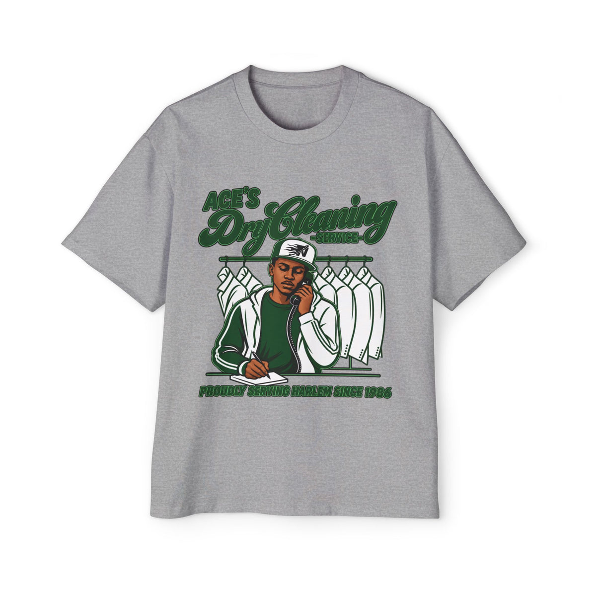 Ace’s Dry Cleaning Graphic Tee — ‘Proudly Serving Harlem Since 1986’ (Nooa Currency Back Print)