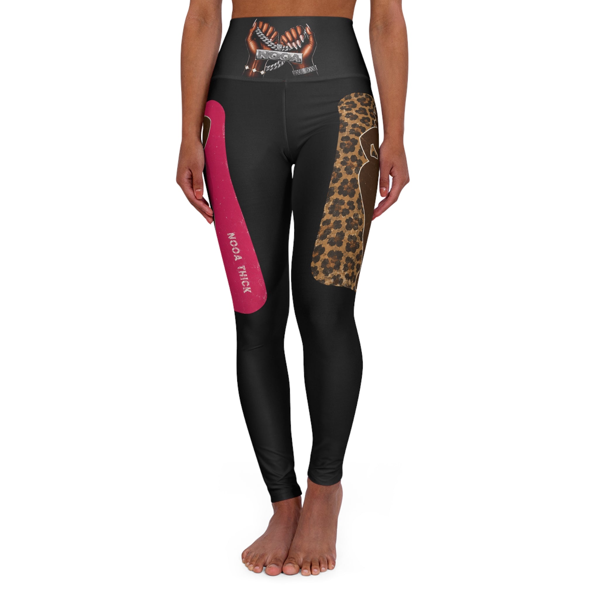 High-Waisted Yoga Leggings — Leopard & Pink Panel AOP with 'High Vibes' Accent