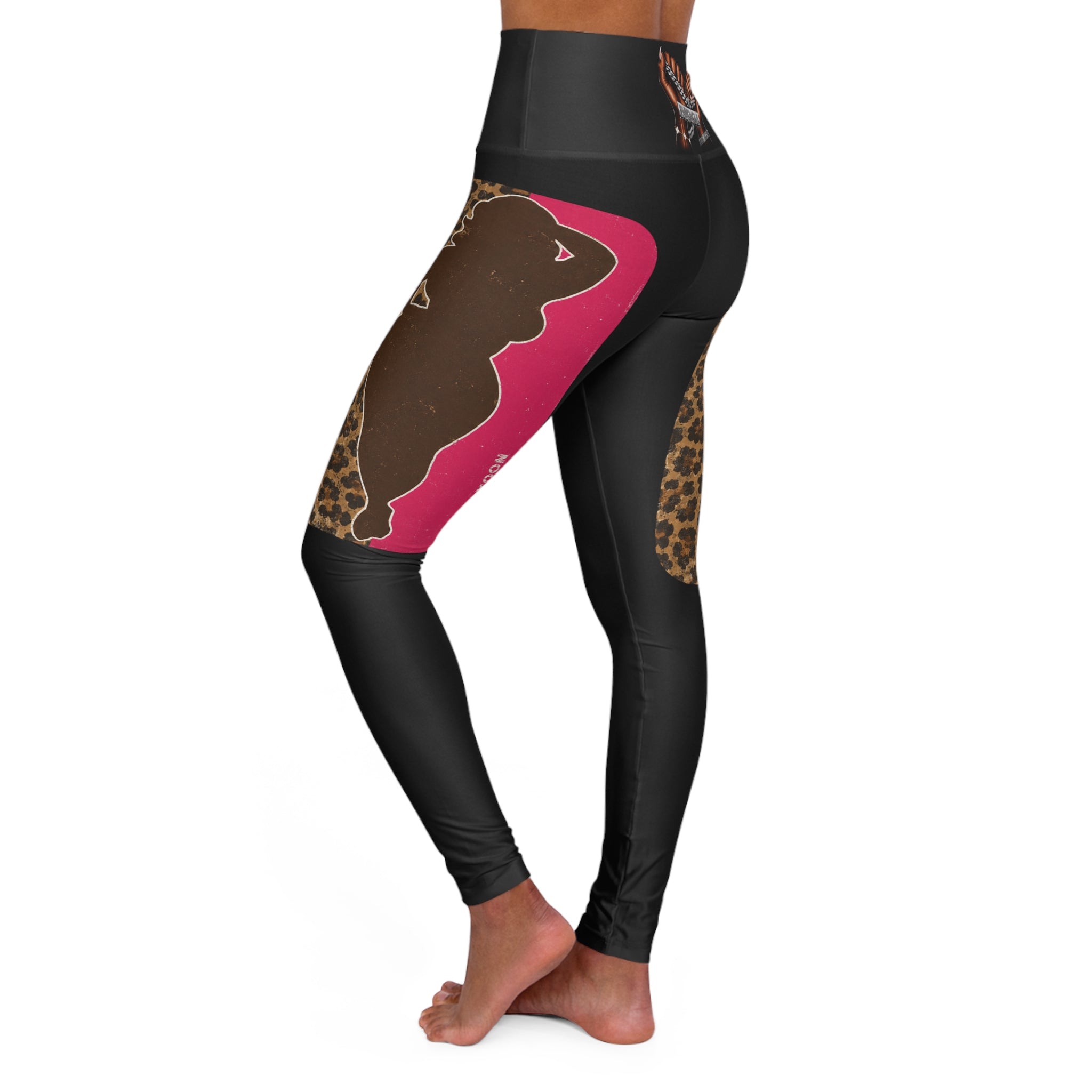 High-Waisted Yoga Leggings — Leopard & Pink Panel AOP with 'High Vibes' Accent