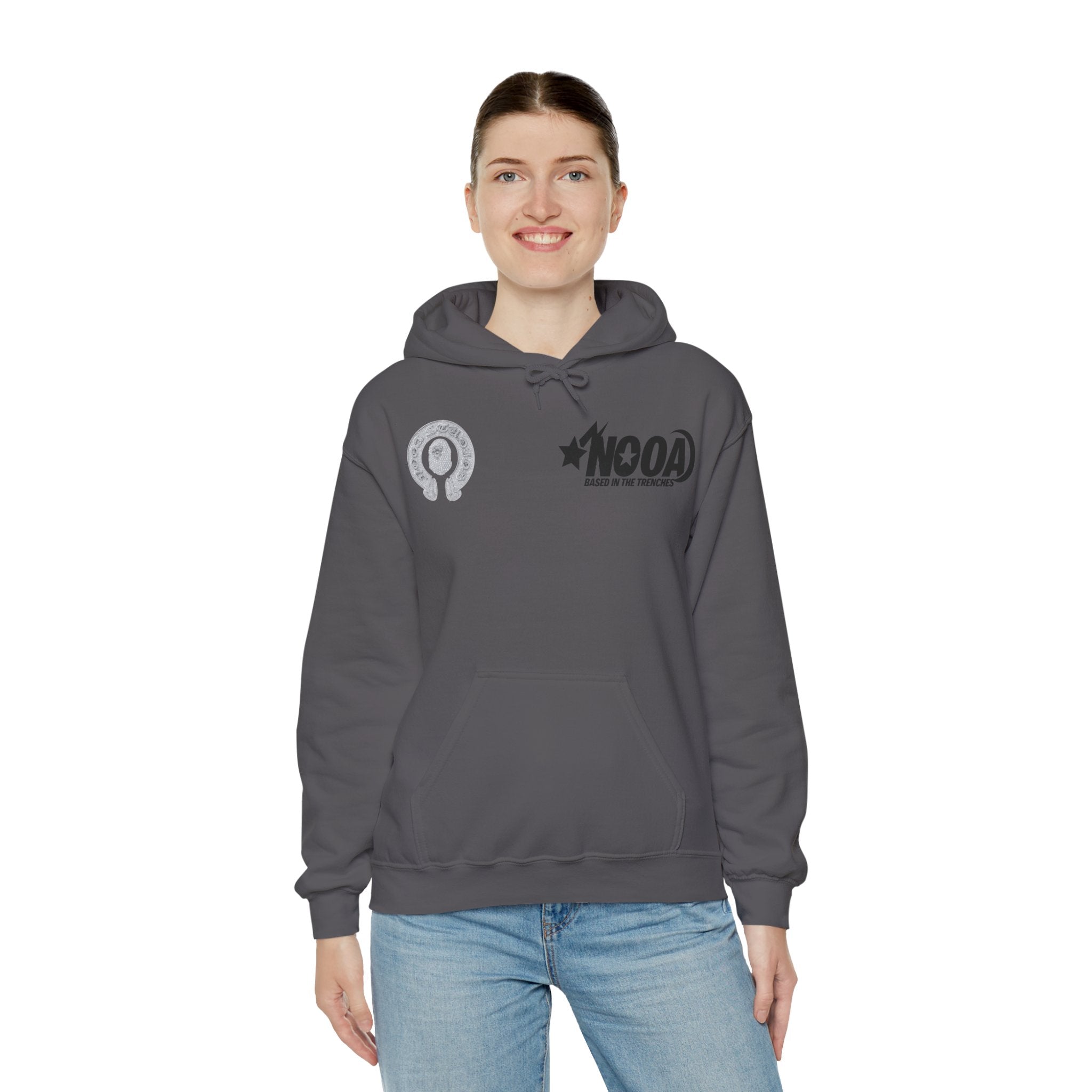 NOOA Studio Graphic Hoodie — 'Based in the Trenches' White Pullover