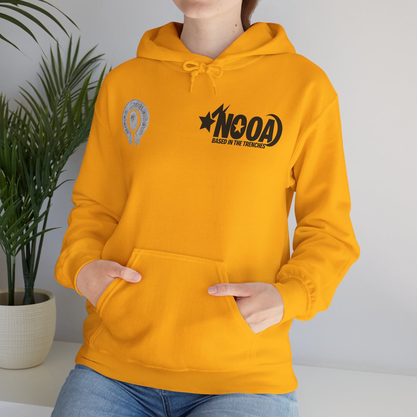 NOOA Studio Graphic Hoodie — 'Based in the Trenches' White Pullover