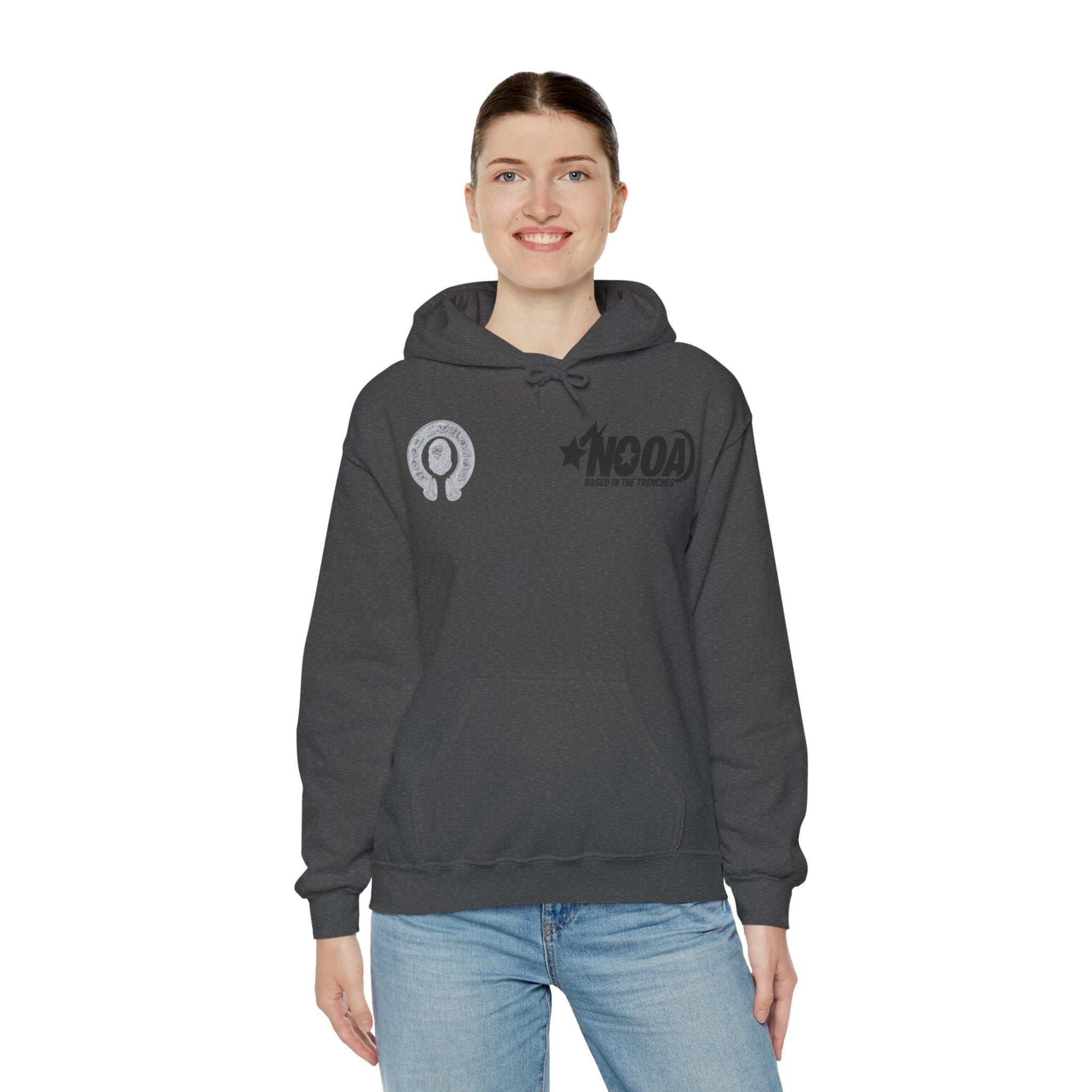 NOOA Studio Graphic Hoodie — 'Based in the Trenches' White Pullover