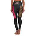 High-Waisted Yoga Leggings — Leopard & Pink Panel AOP with 'High Vibes' Accent