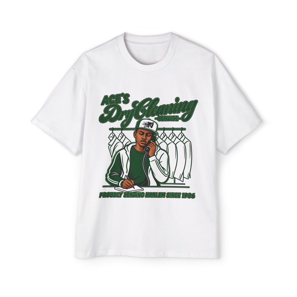 Ace’s Dry Cleaning Graphic Tee — ‘Proudly Serving Harlem Since 1986’ (Nooa Currency Back Print)