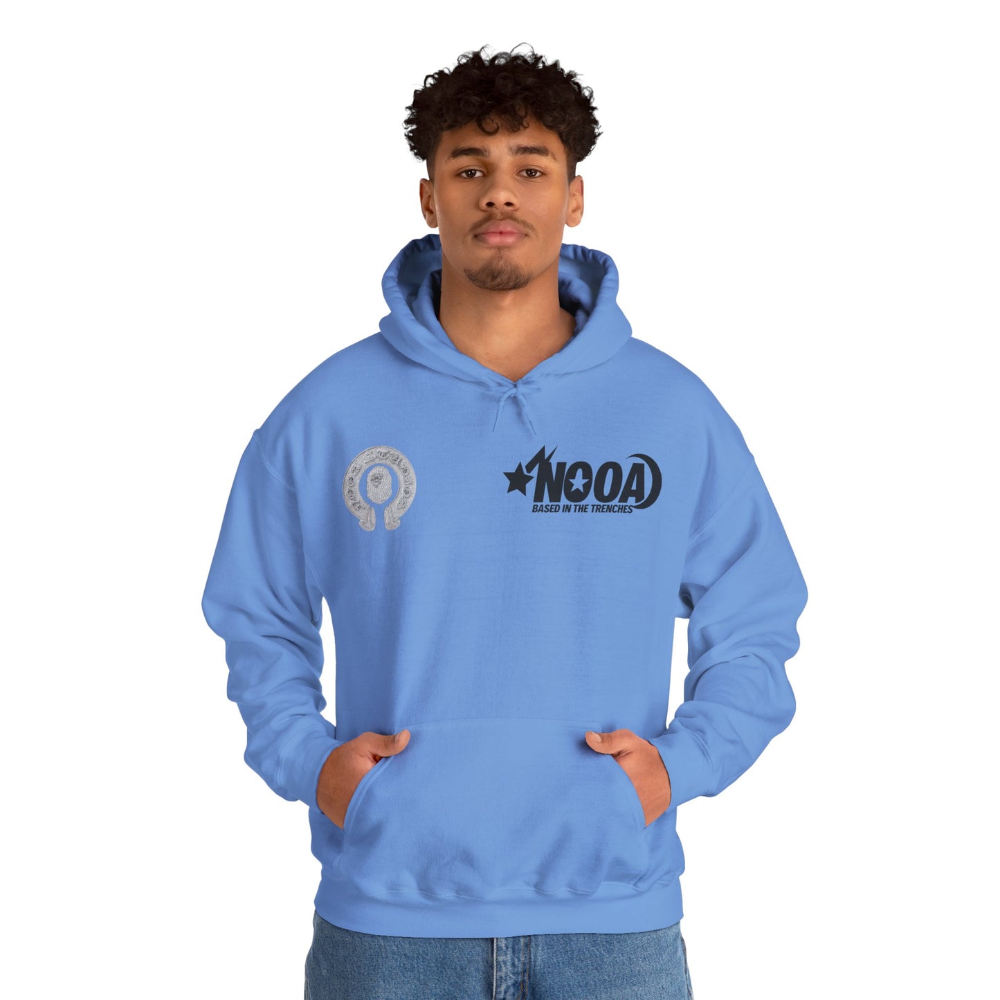 NOOA Studio Graphic Hoodie — 'Based in the Trenches' White Pullover