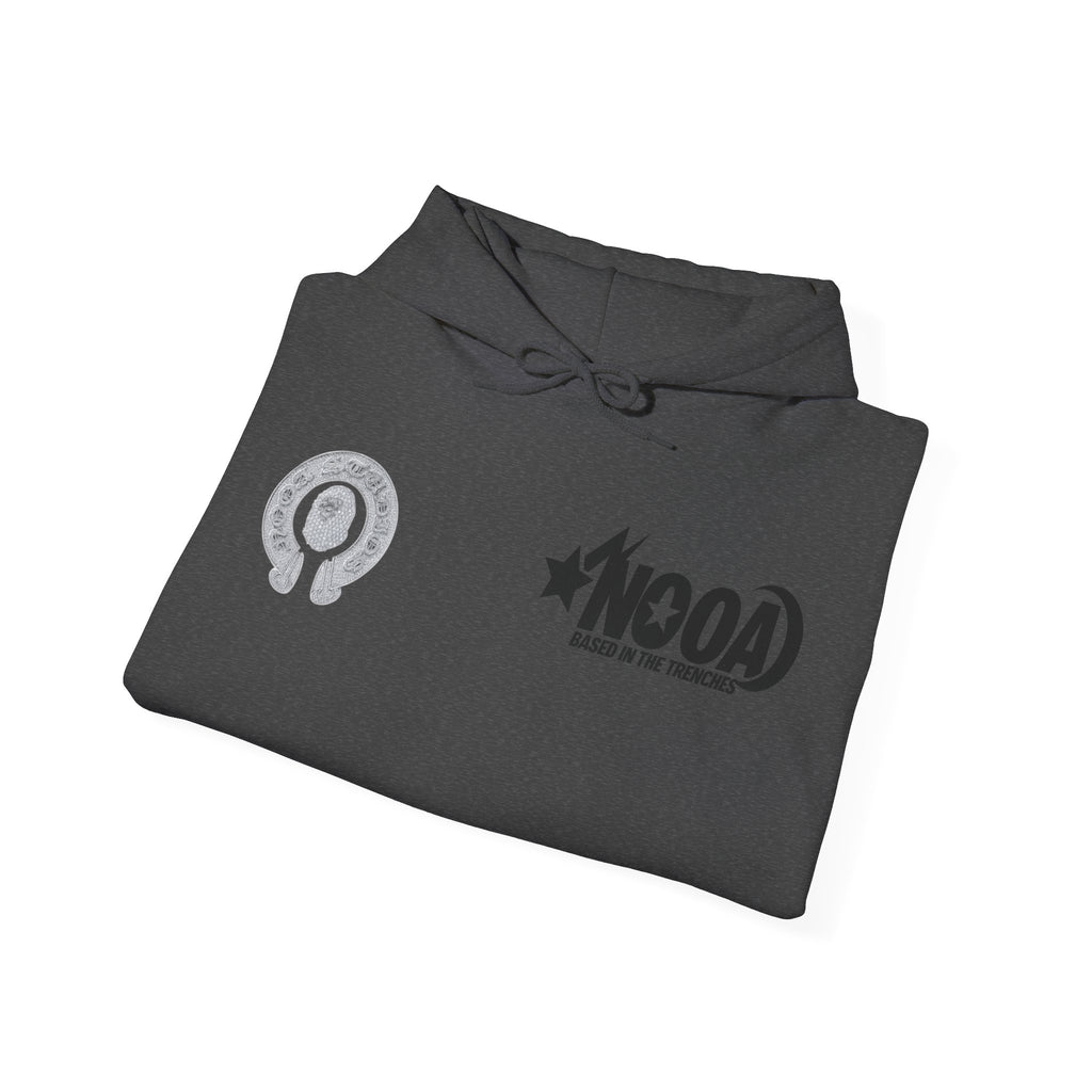 NOOA Studio Graphic Hoodie — 'Based in the Trenches' White Pullover