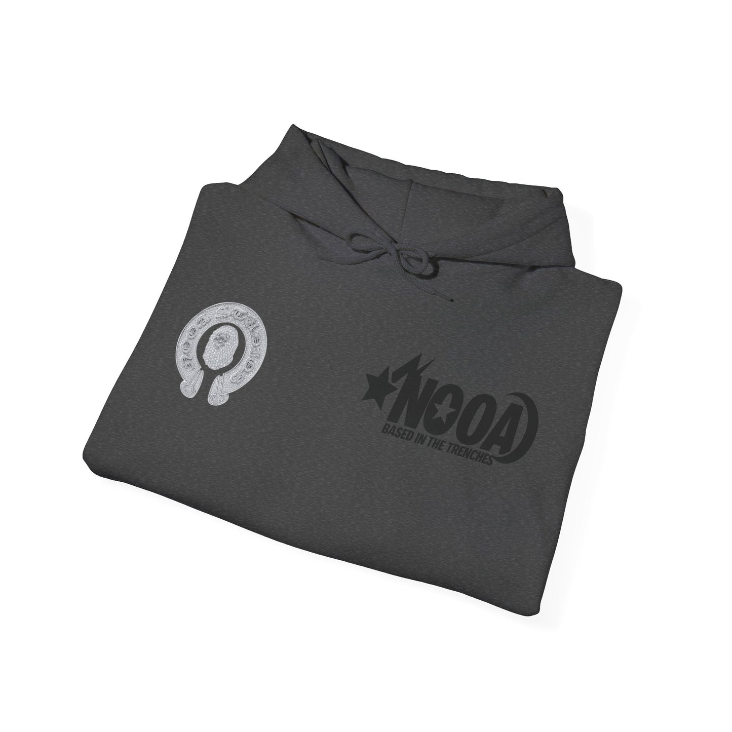 NOOA Studio Graphic Hoodie — 'Based in the Trenches' White Pullover