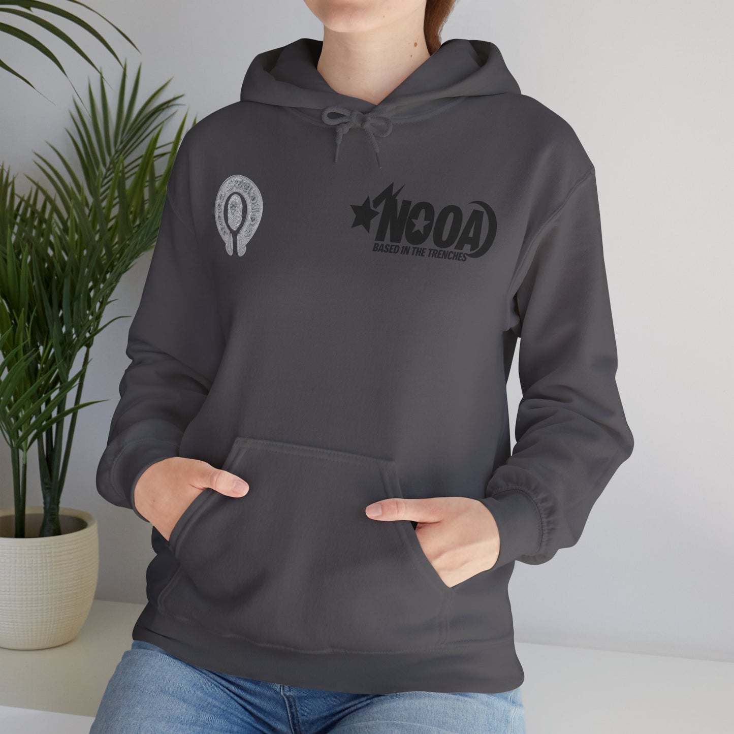 NOOA Studio Graphic Hoodie — 'Based in the Trenches' White Pullover