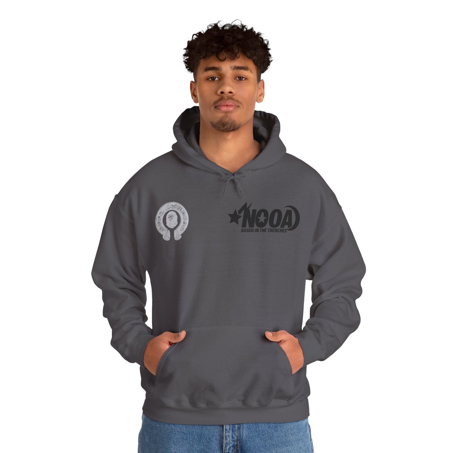 NOOA Studio Graphic Hoodie — 'Based in the Trenches' White Pullover