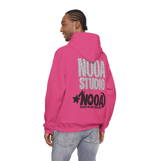 NOOA Studio Graphic Hoodie — 'Based in the Trenches' White Pullover