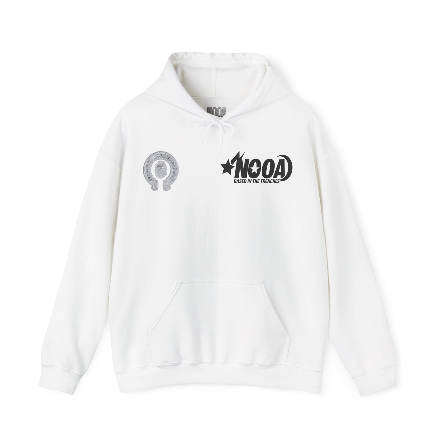 NOOA Studio Graphic Hoodie — 'Based in the Trenches' White Pullover