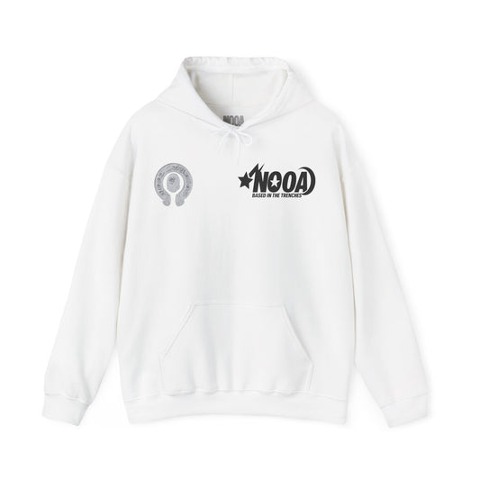 NOOA Studio Graphic Hoodie — 'Based in the Trenches' White Pullover